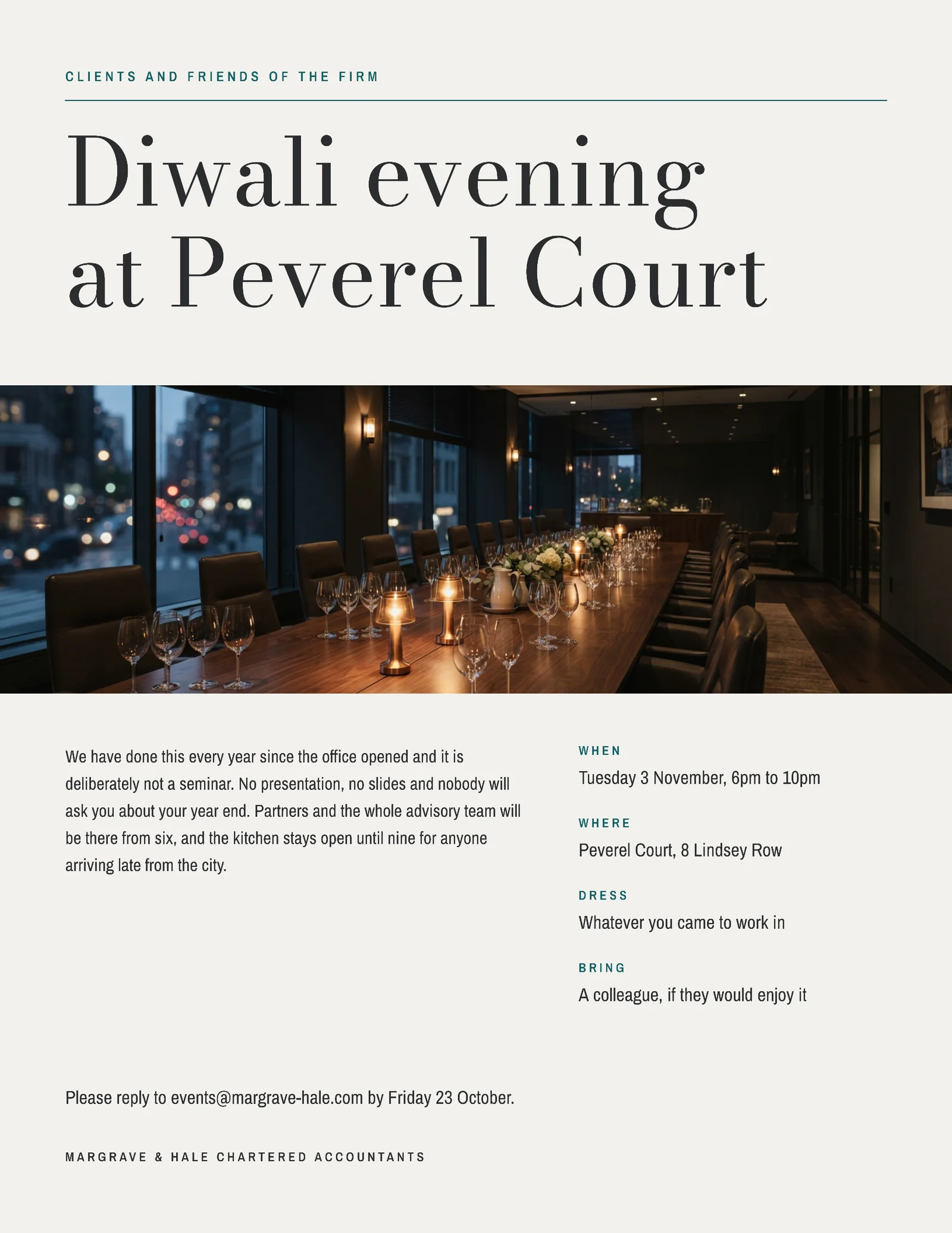 Chartered Firm Diwali Evening Invitation — Letter Invitation template