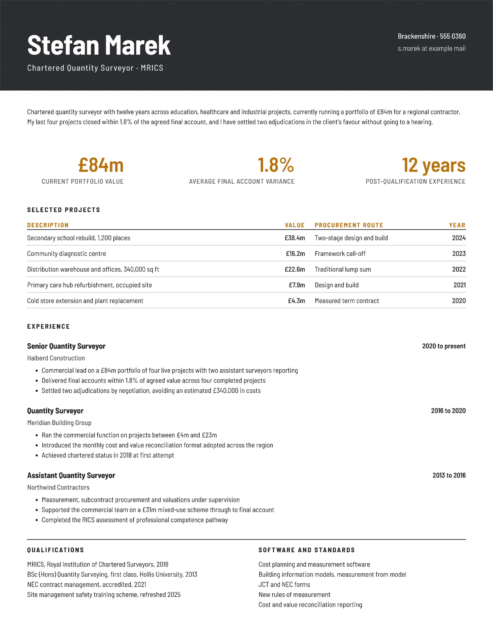 Graphite Amber Corporate Quantity Surveyor Resume — Letter Resume template