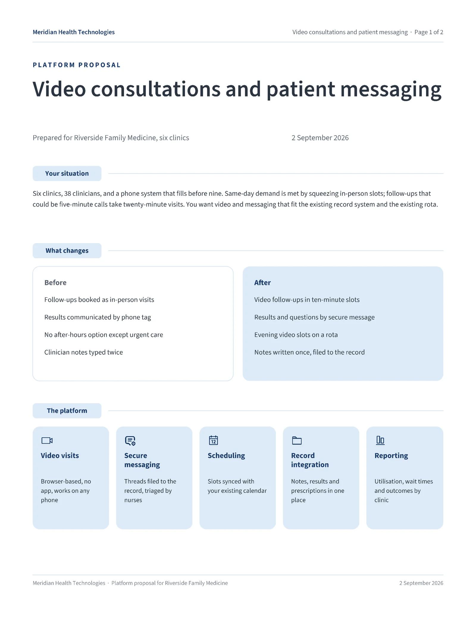 Calm Health Telehealth Platform Proposal — 2-page Proposal template, page 1 of 2
