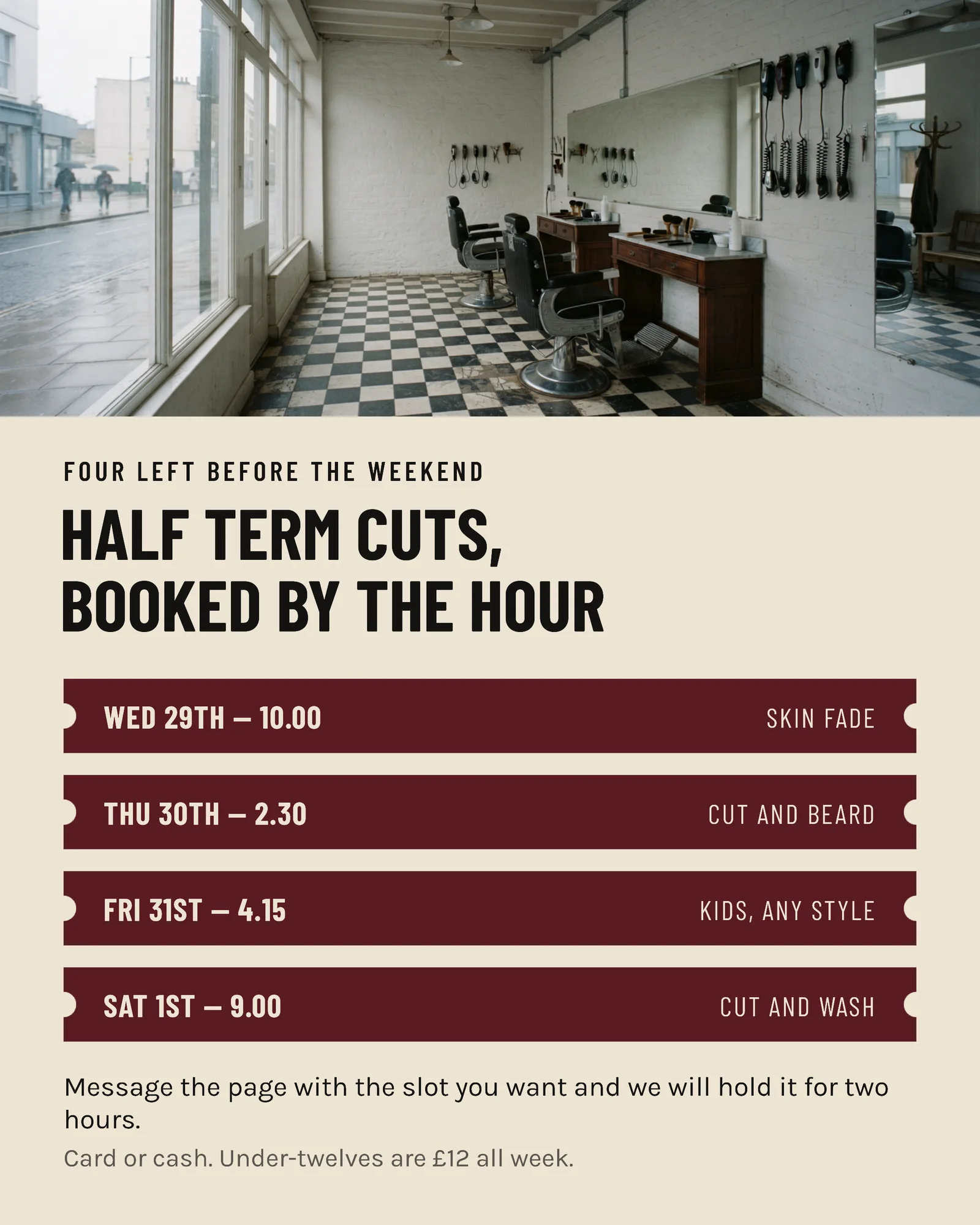 Barbershop Slot Tickets Half Term Cuts Facebook Post — 4:5 Facebook post template