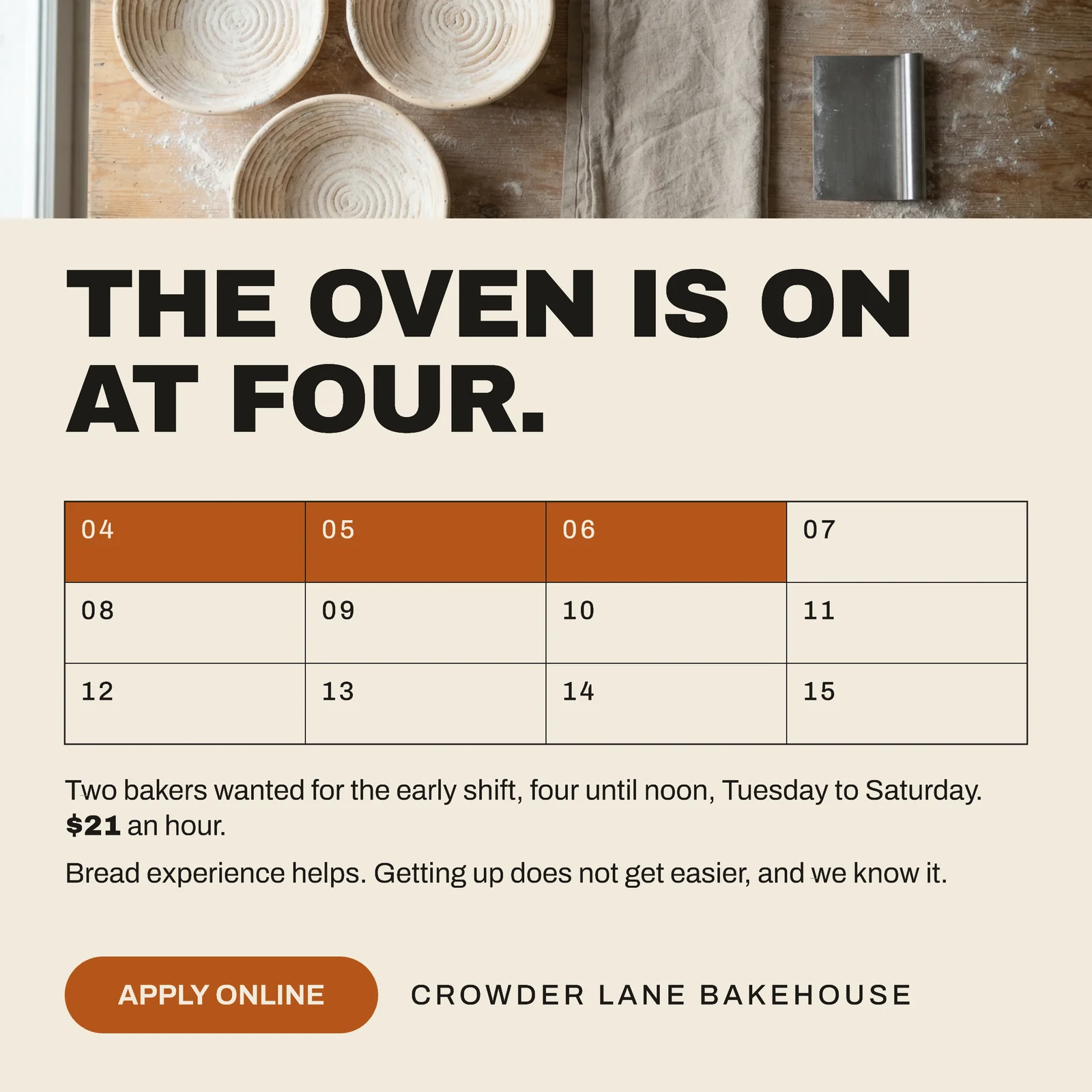 Bone Amber Timecard Grid Bakehouse Early Shift Hiring Facebook Ad — 1:1 Facebook ad template