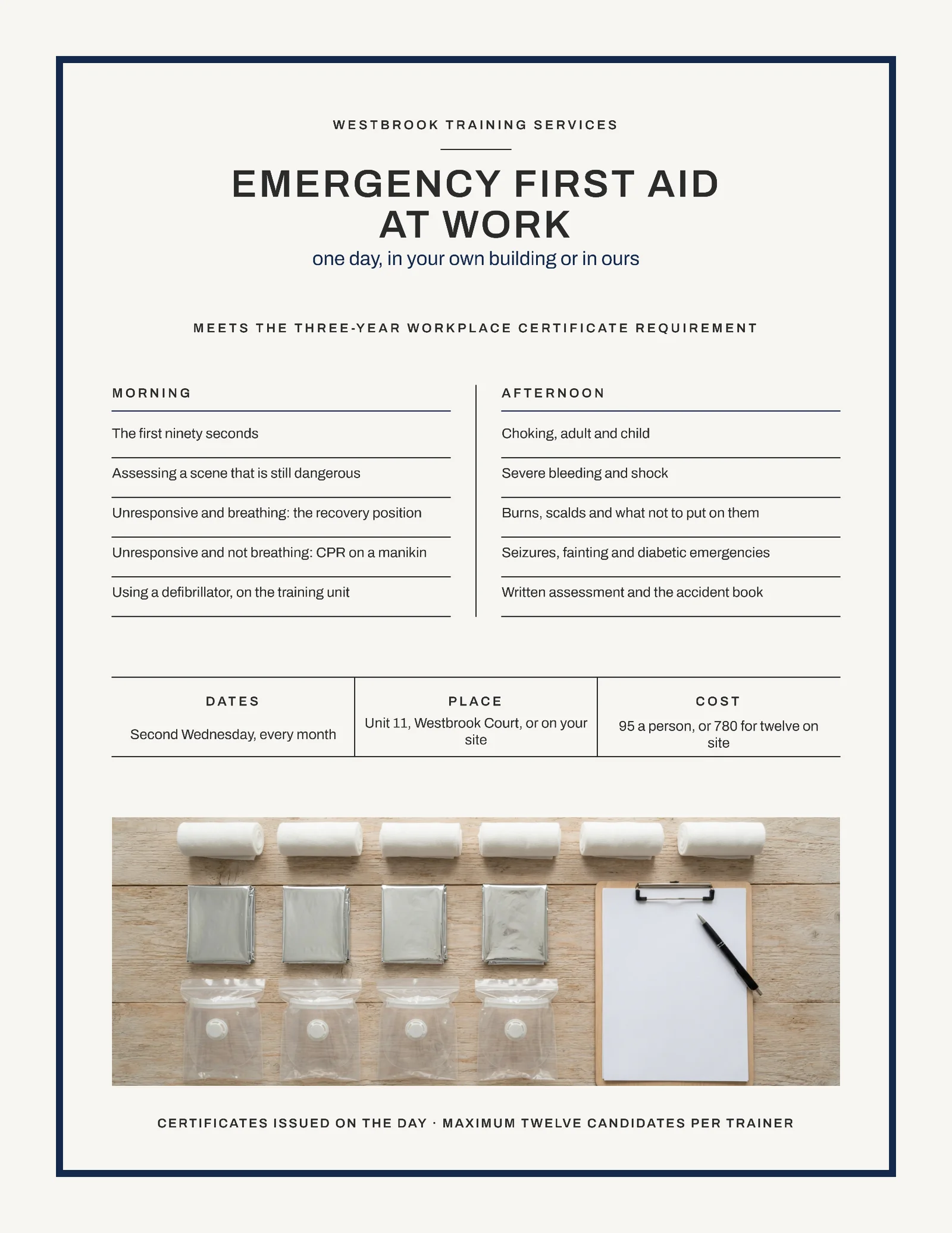Chalk Oxford Blue Keyline Frame Training Provider First Aid Workshop Flyer — Letter Flyer template