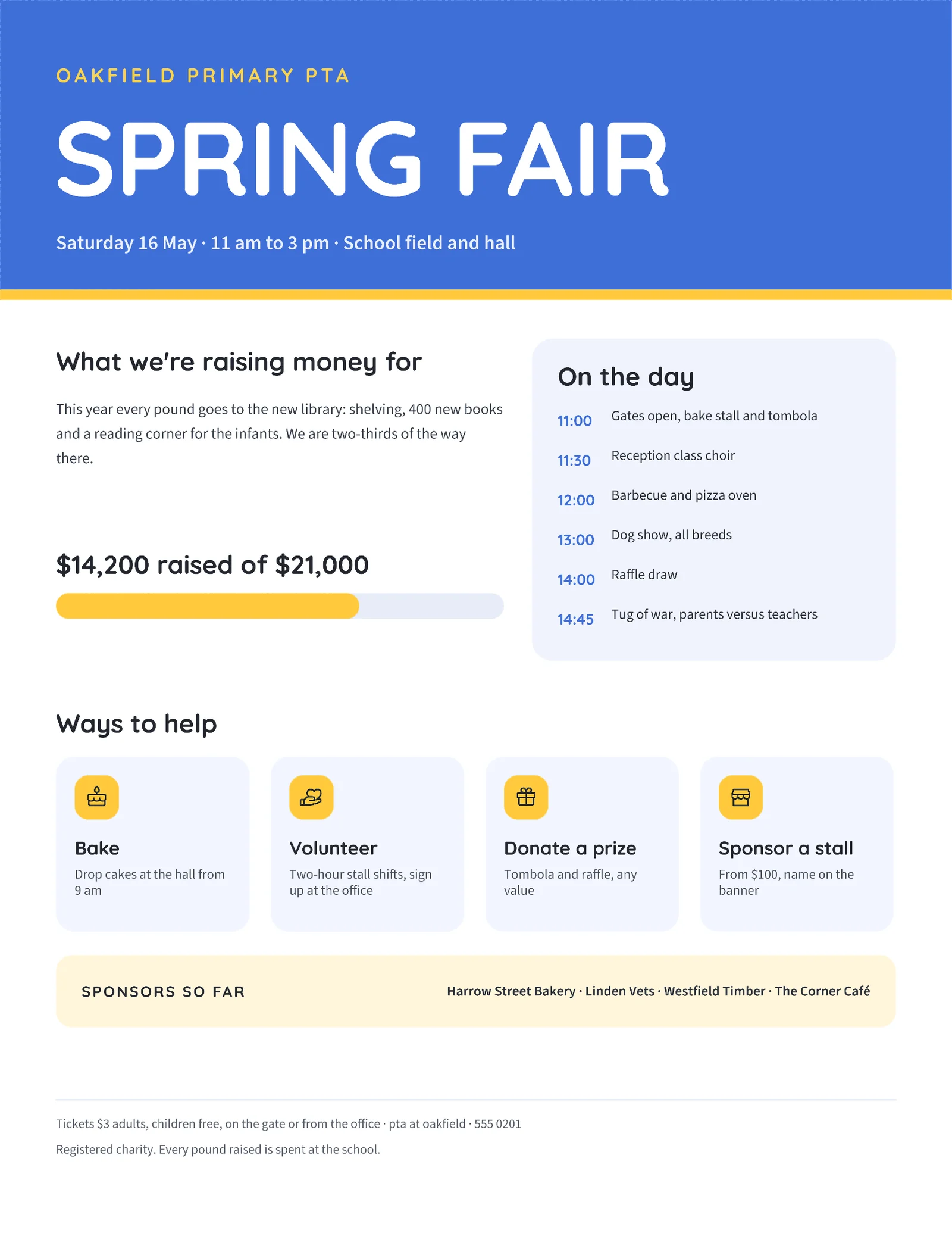 Playful Civic PTA Spring Fair Sheet — 2-page One pager template, page 1 of 2