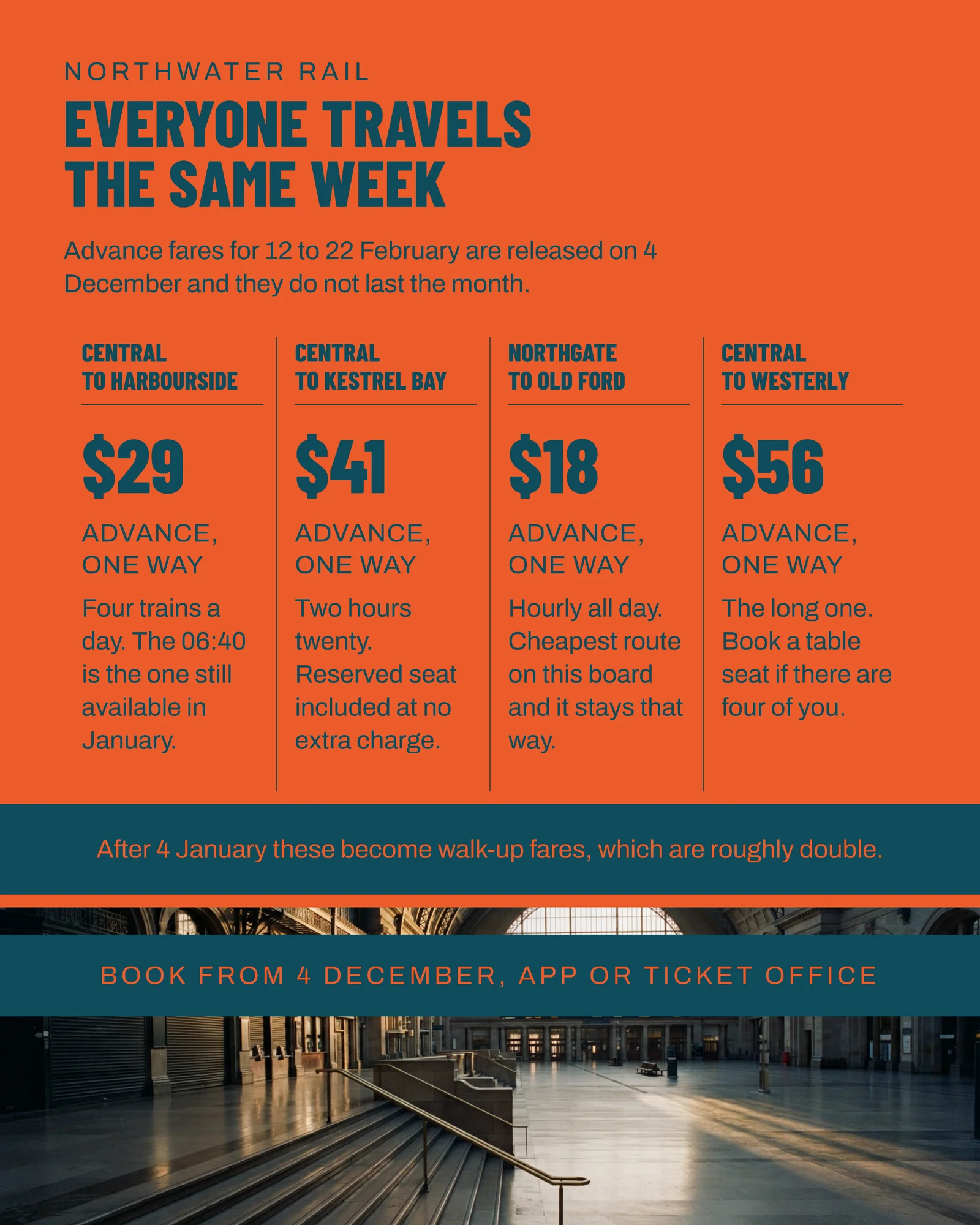 Persimmon Teal Fare Ladder Rail Advance Fares Instagram Ad — 4:5 Instagram ad template