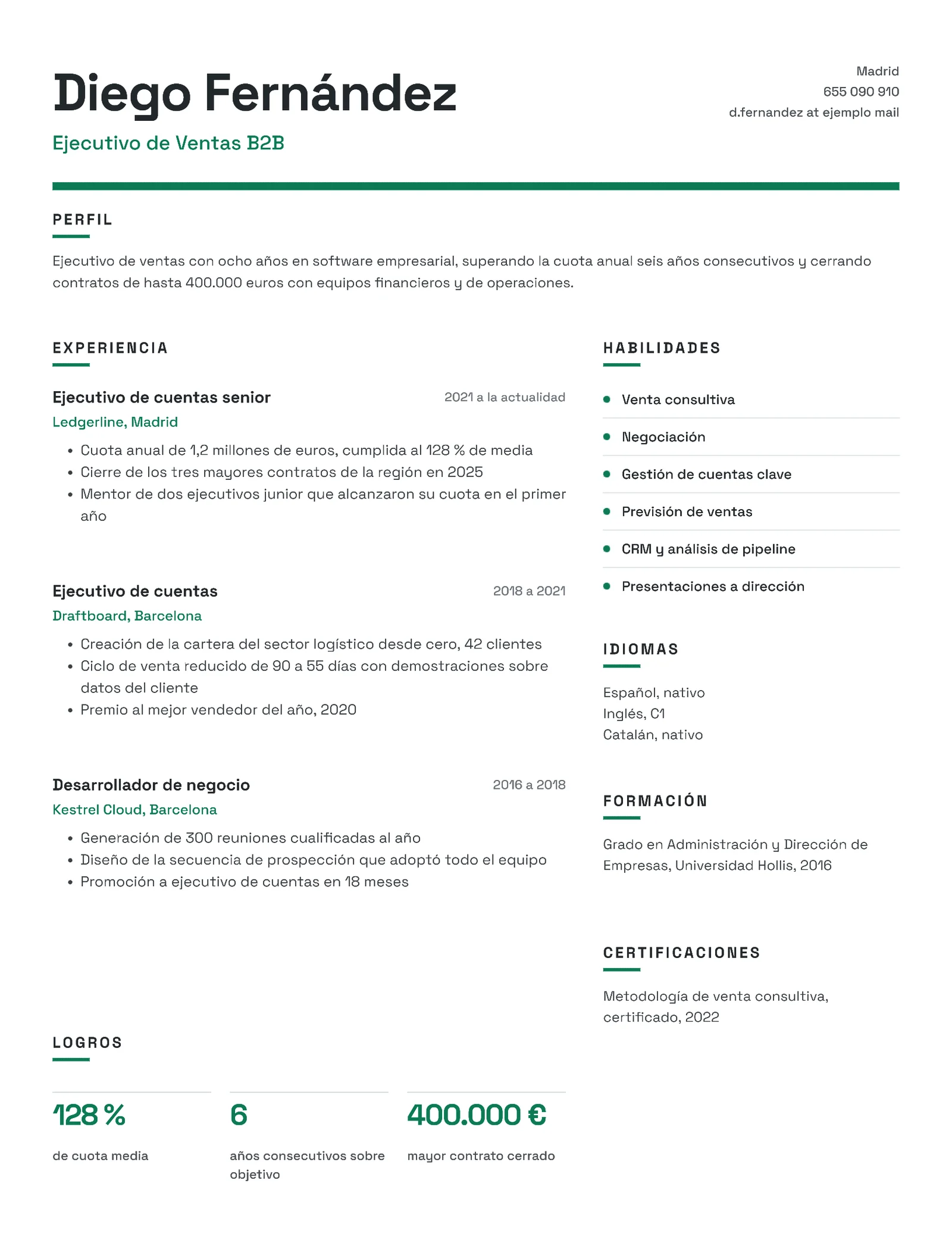 Modern Sales Executive Résumé, Spanish — 2-page Resume template, page 1 of 2