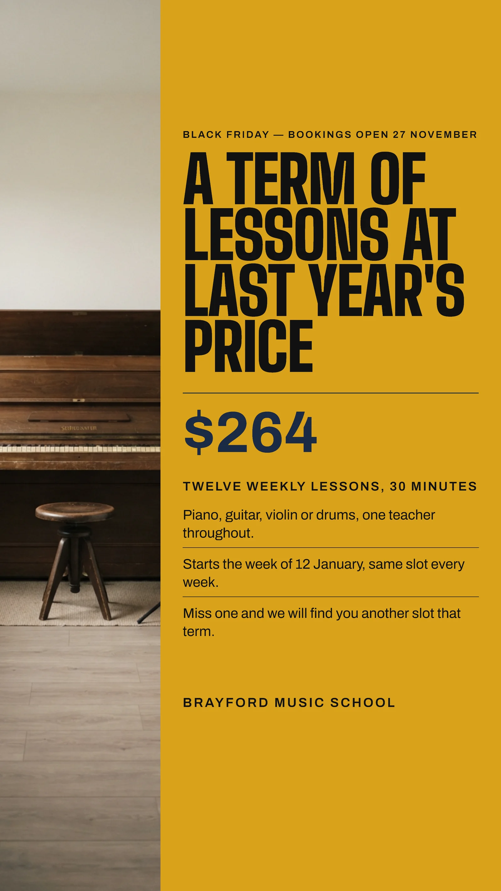 Mustard Photo Column Music School Black Friday Facebook Story — 9:16 Facebook story template