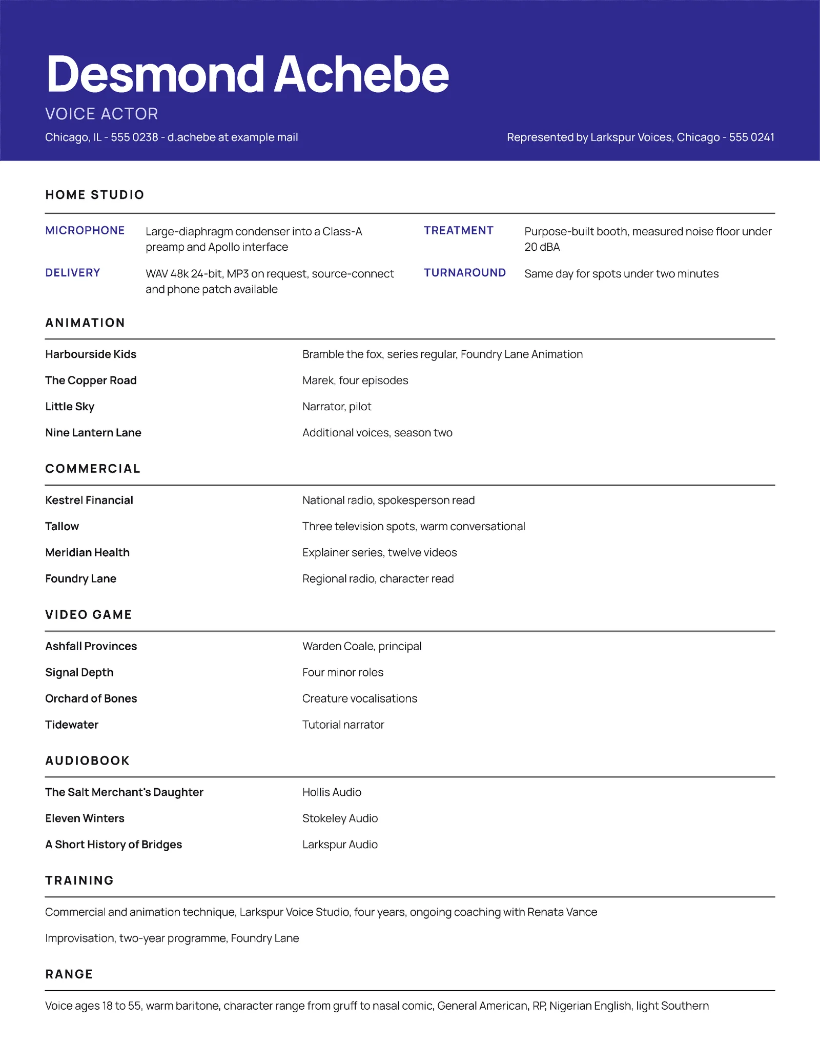 Voice Actor Resume — Letter Resume template
