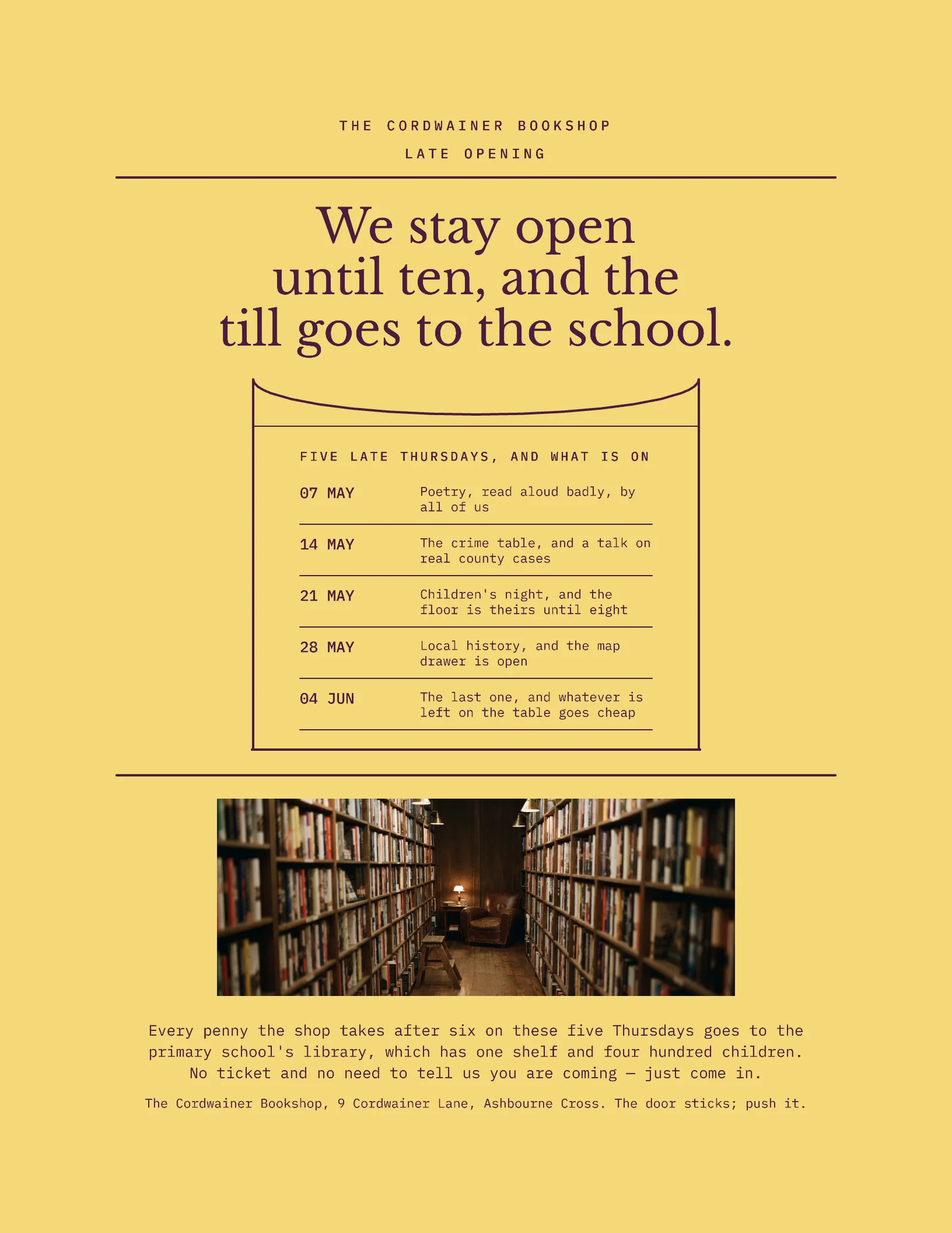 Butter Plum Library Card Pocket Bookshop Late Opening Invitation — Letter Invitation template