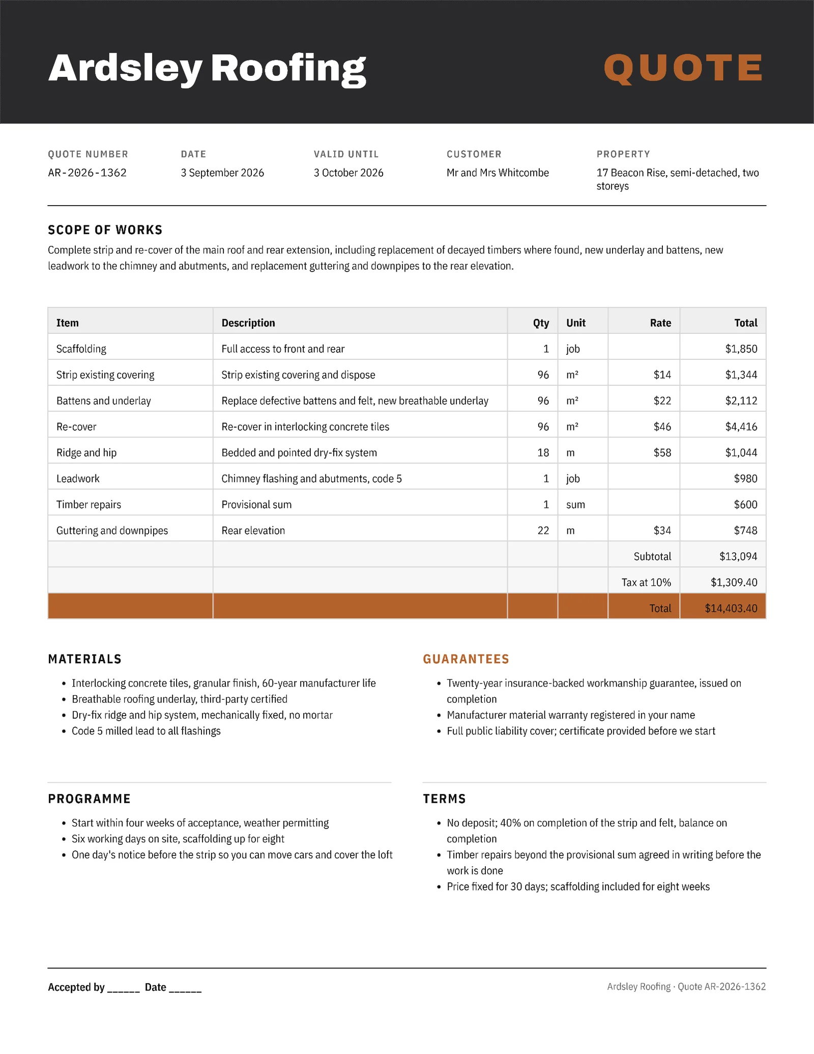 Charcoal Copper Roof Replacement Quote — Letter Quote template