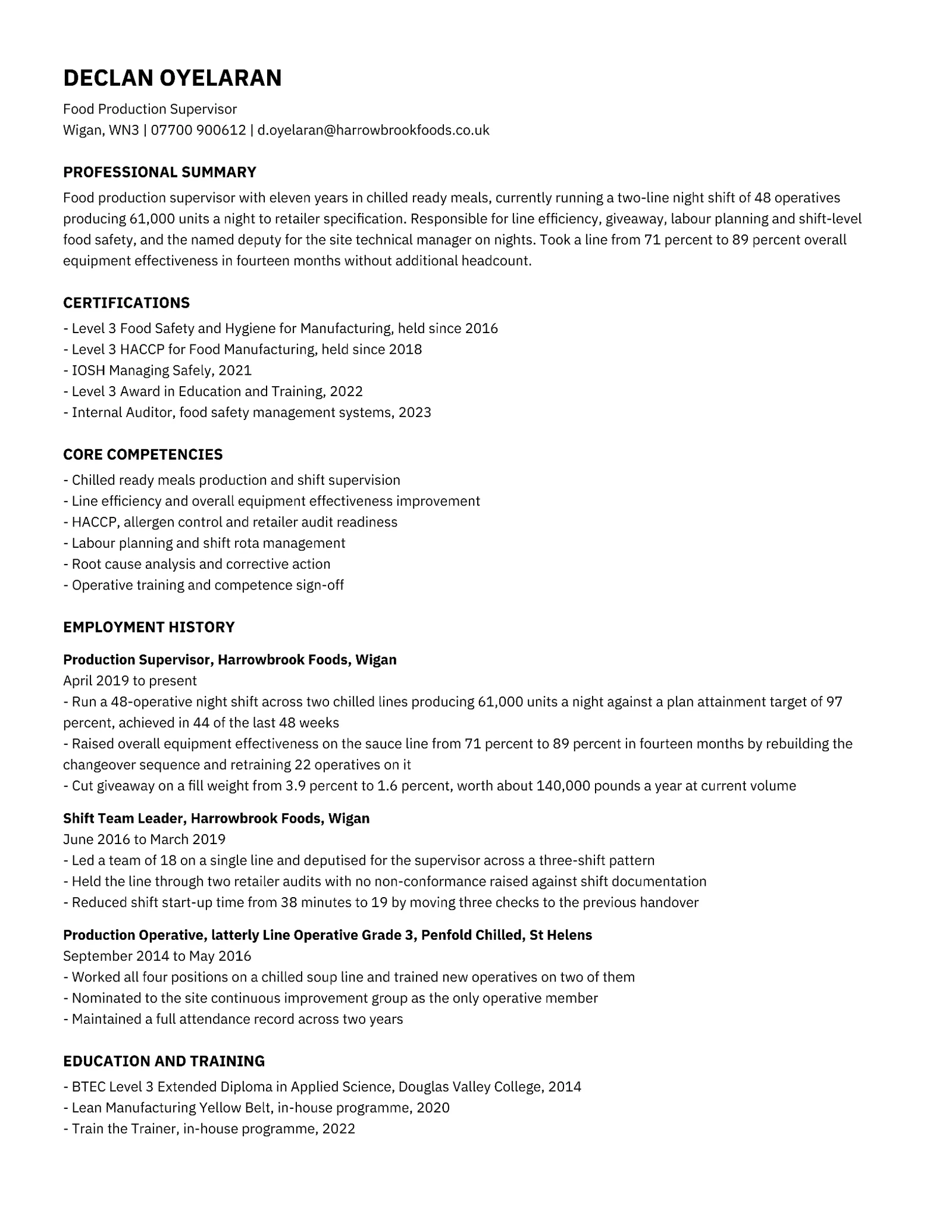 Food Production Supervisor ATS Resume — Letter Resume template