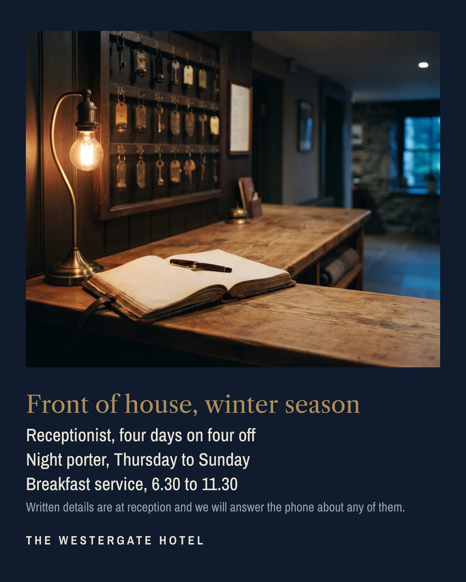 Hotel Front Of House Hiring Instagram Post — 4:5 Instagram post template