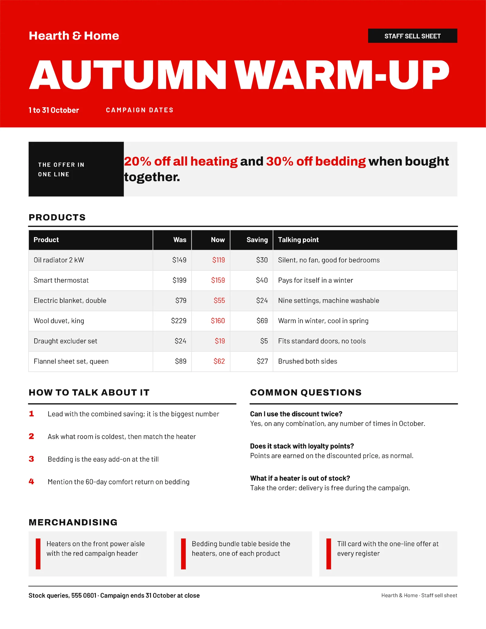 Staff Sell Sheet Retail Seasonal Promotion — 2-page One pager template, page 1 of 2