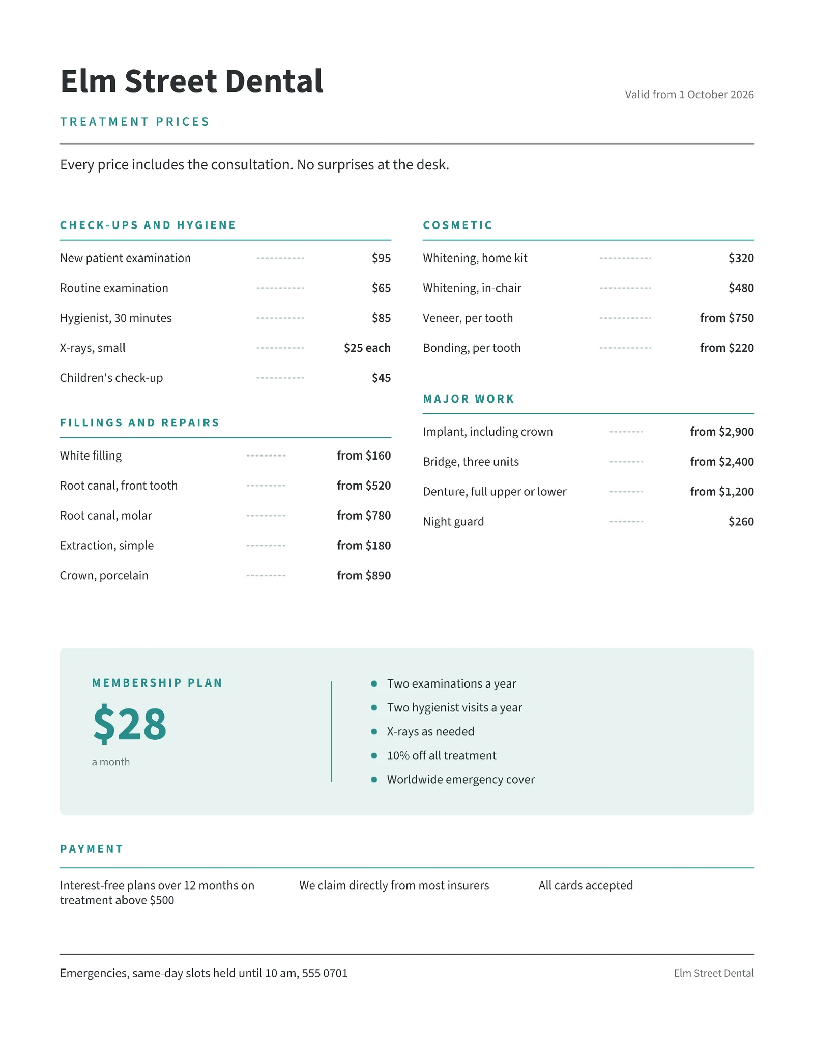 Clean Price List Dental Treatments — 2-page One pager template, page 1 of 2
