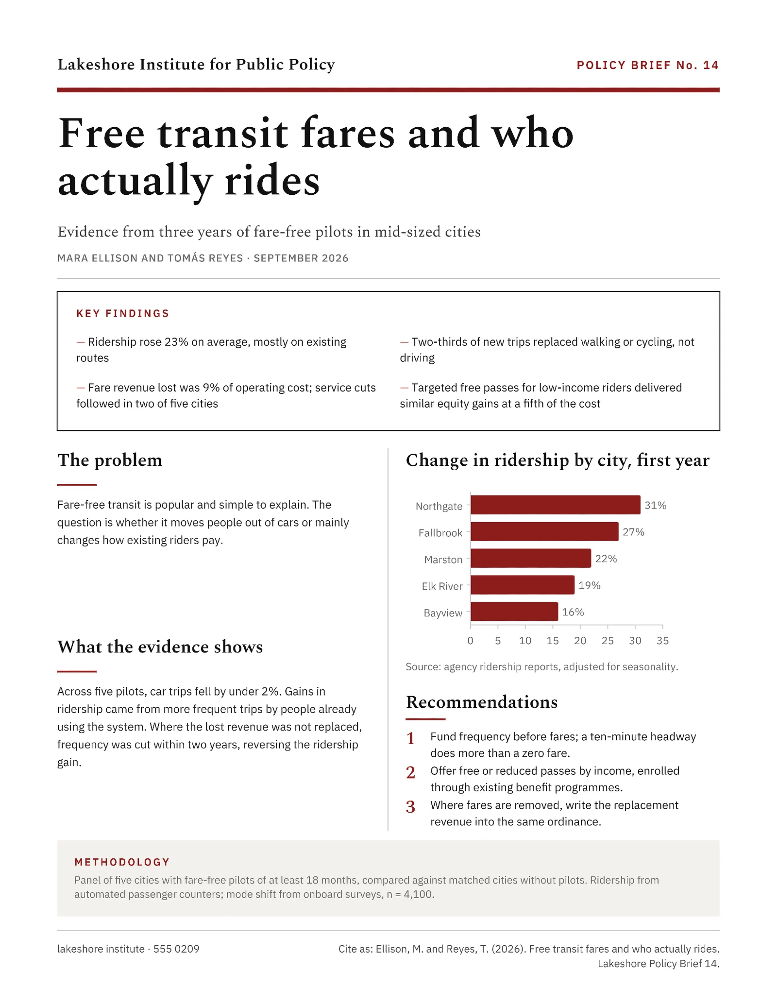 Policy Brief Transit Fares — 2-page One pager template, page 1 of 2