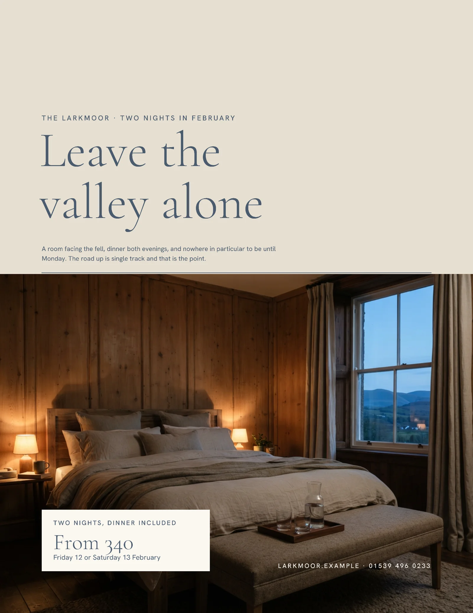 Slate Oat Warm White Type Over Photo Split Country Hotel Valentine's Break Flyer — Letter Flyer template