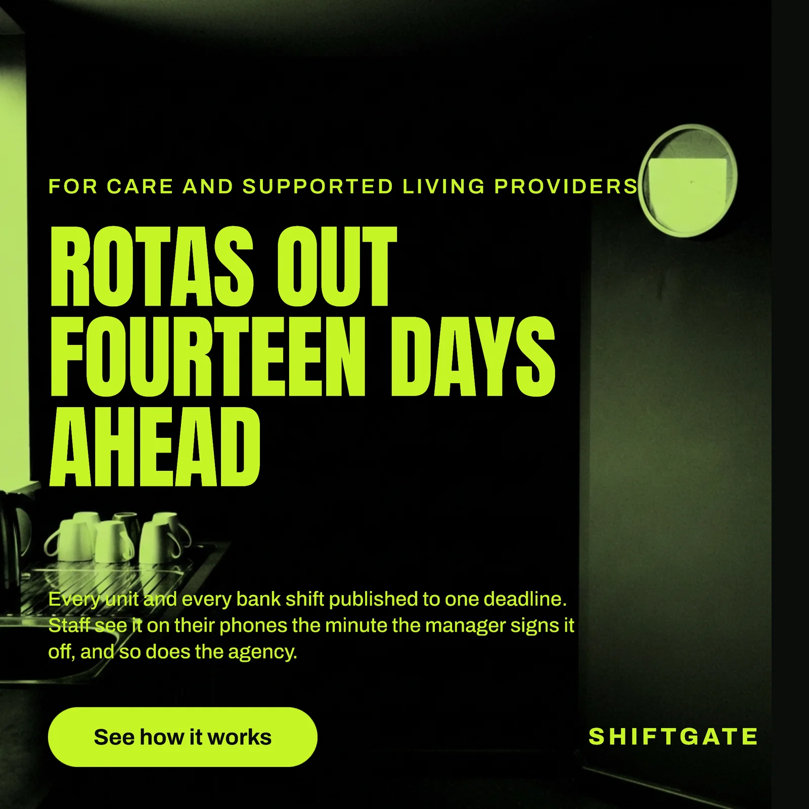 Acid Green Duotone Care Rota Fortnight LinkedIn Ad — 1:1 LinkedIn ad template