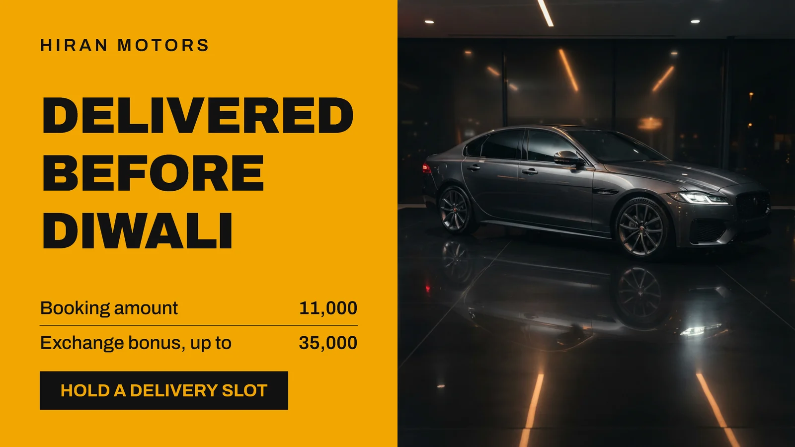 Saffron Black Vertical Split Car Showroom Diwali Delivery YouTube Ad — 16:9 YouTube ad template