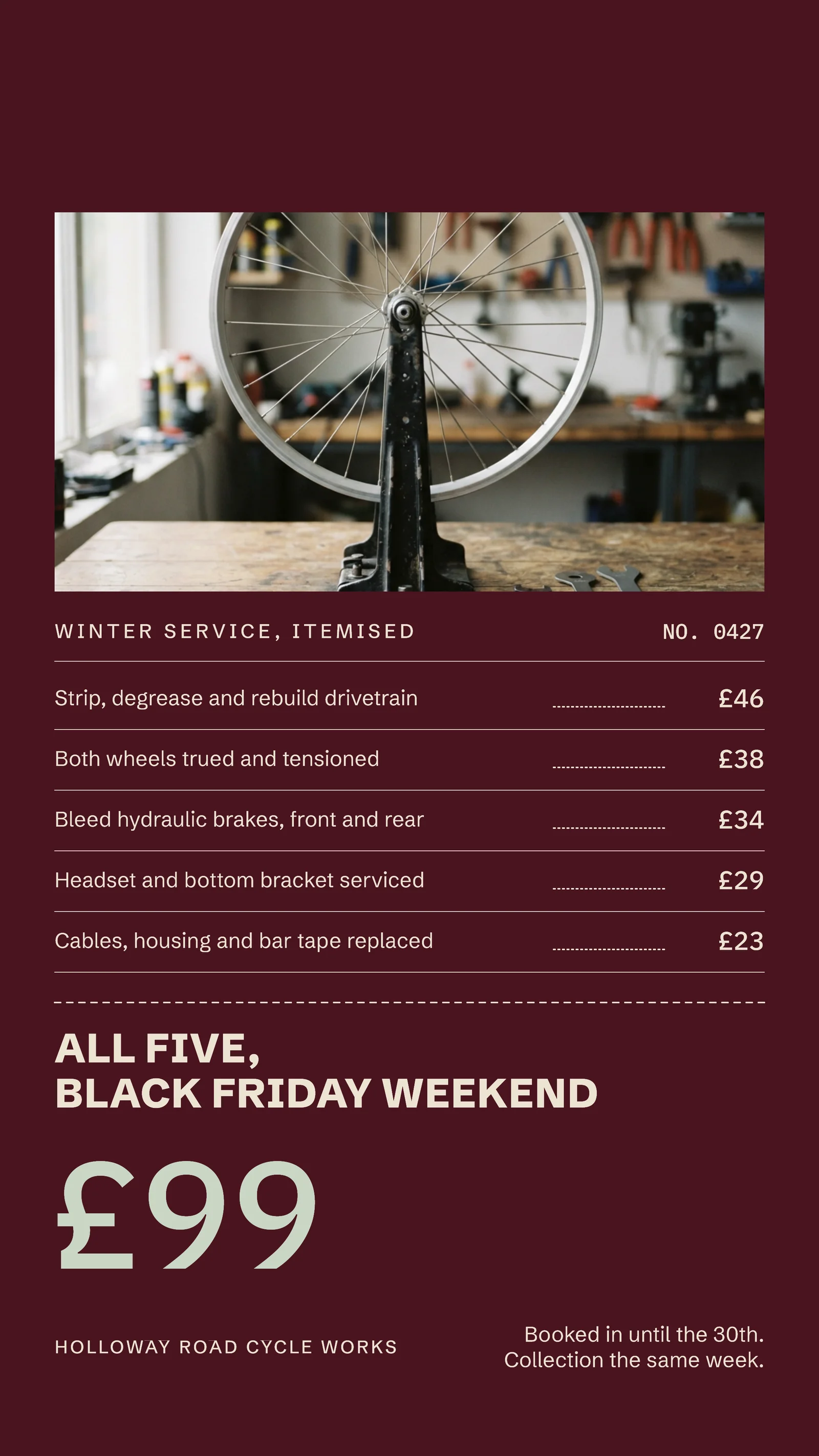 Oxblood Work Docket Bike Workshop Black Friday Facebook Story — 9:16 Facebook story template