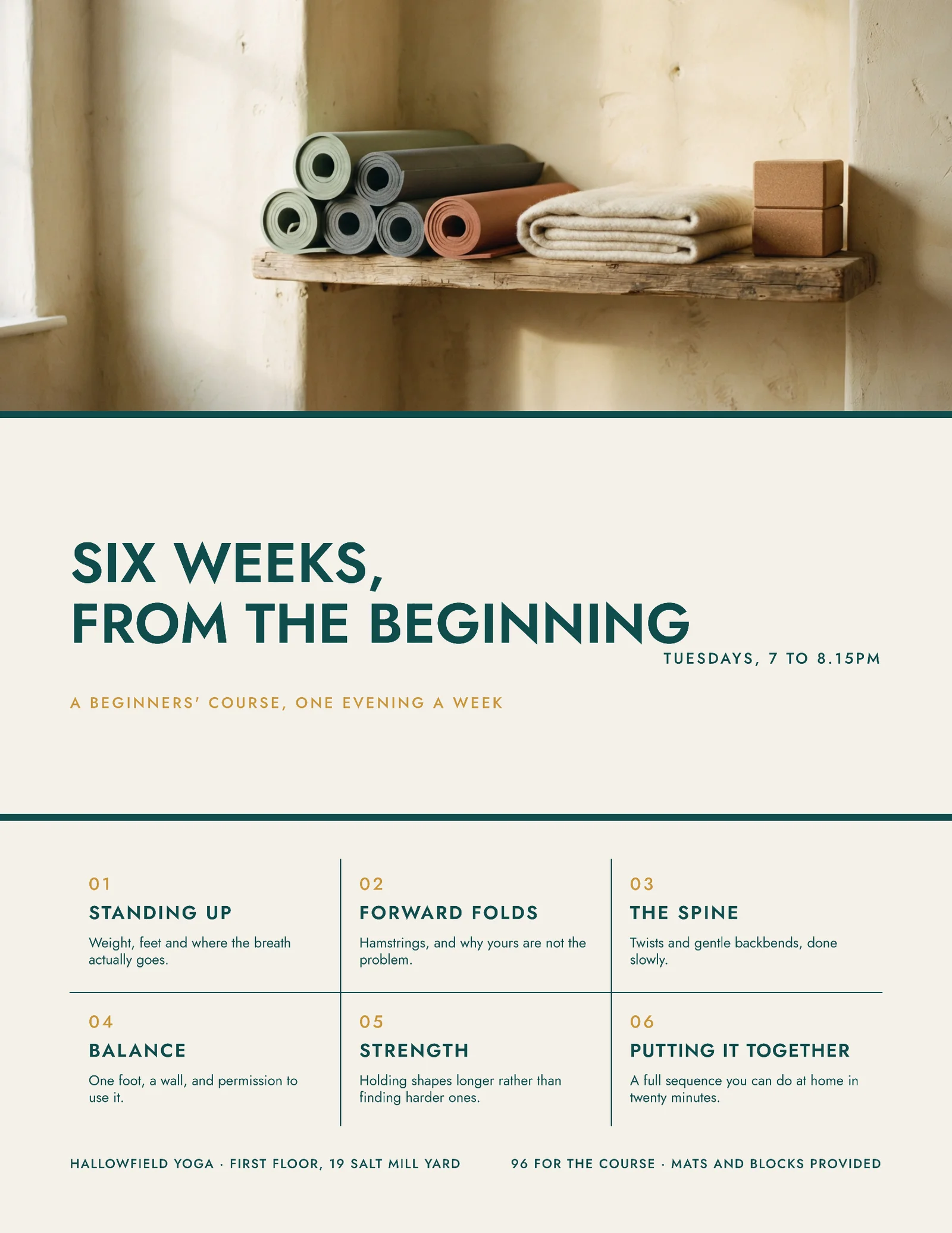 Off White Teal Ochre Horizontal Thirds Yoga Studio Beginners Course Workshop Flyer — Letter Flyer template