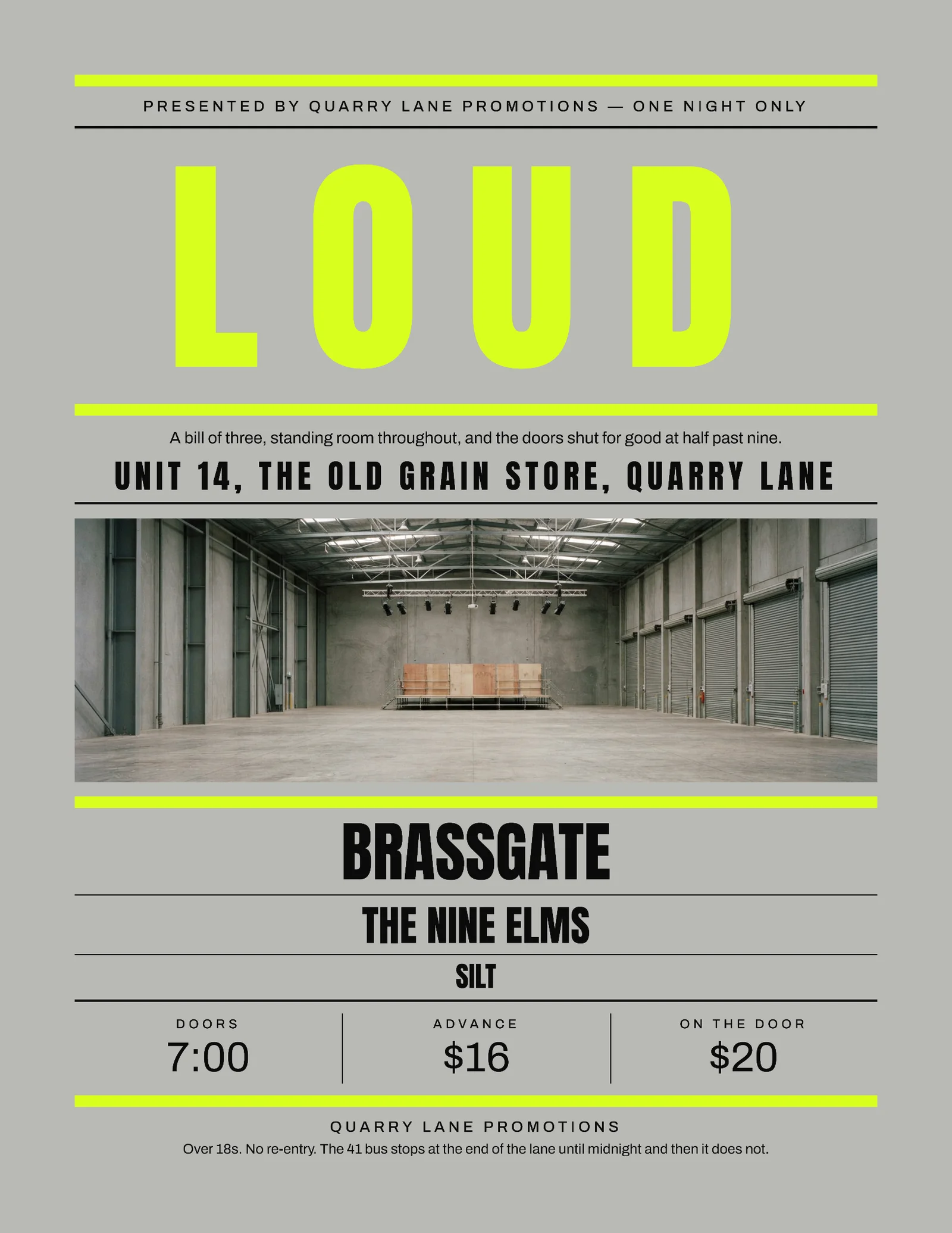 Concrete Acid Letterpress Bill Warehouse Three Band Night Flyer — Letter Flyer template