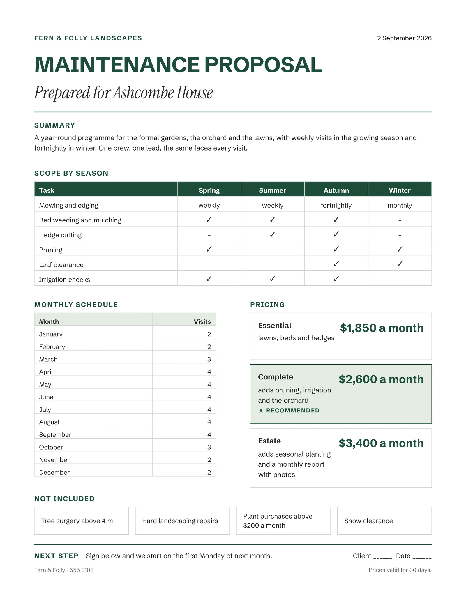 Proposal Scope Landscape Maintenance Sheet — 2-page One pager template, page 1 of 2