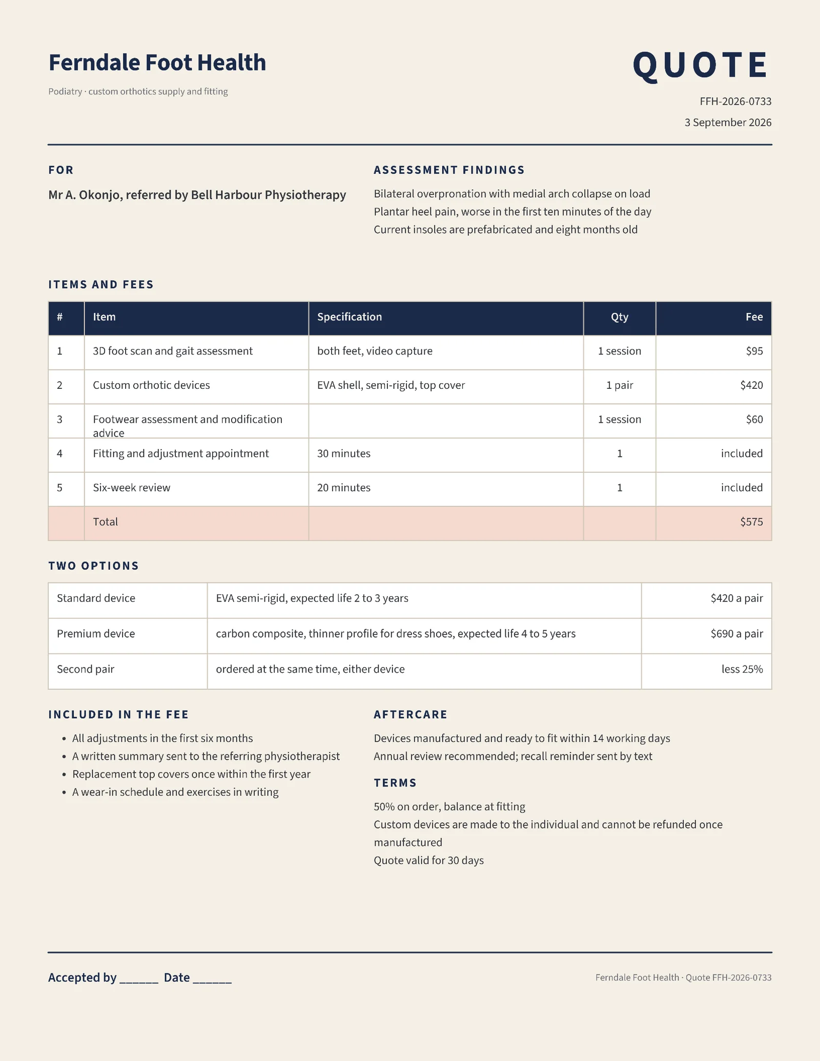 Oat Navy Orthotics Supply Podiatry Quote — 2-page Quote template, page 1 of 2