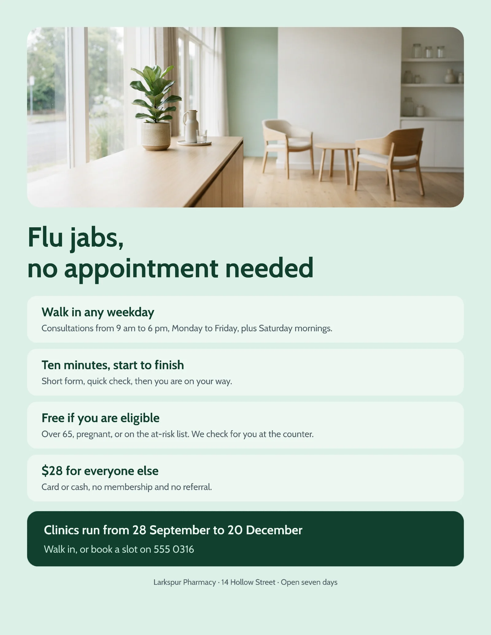 Mint Benefit Stack Pharmacy Flu Clinic Flyer — Letter Flyer template