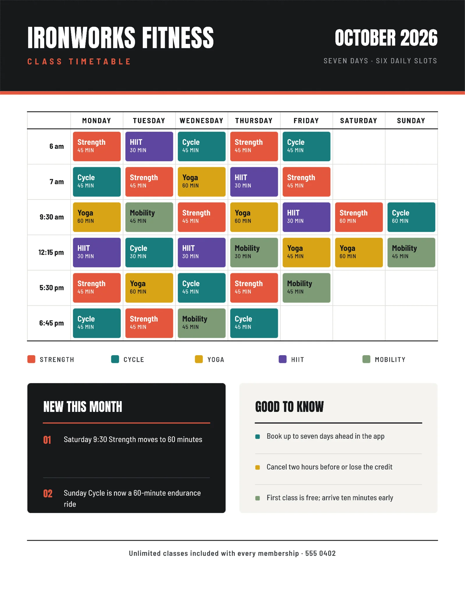Timetable Grid Gym Class Schedule — Letter One pager template