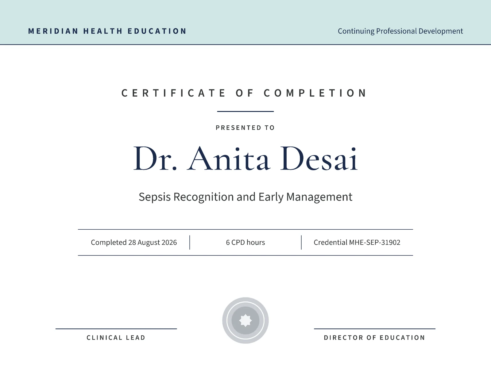 Clinical CPD Completion Certificate — Letter landscape Certificate template