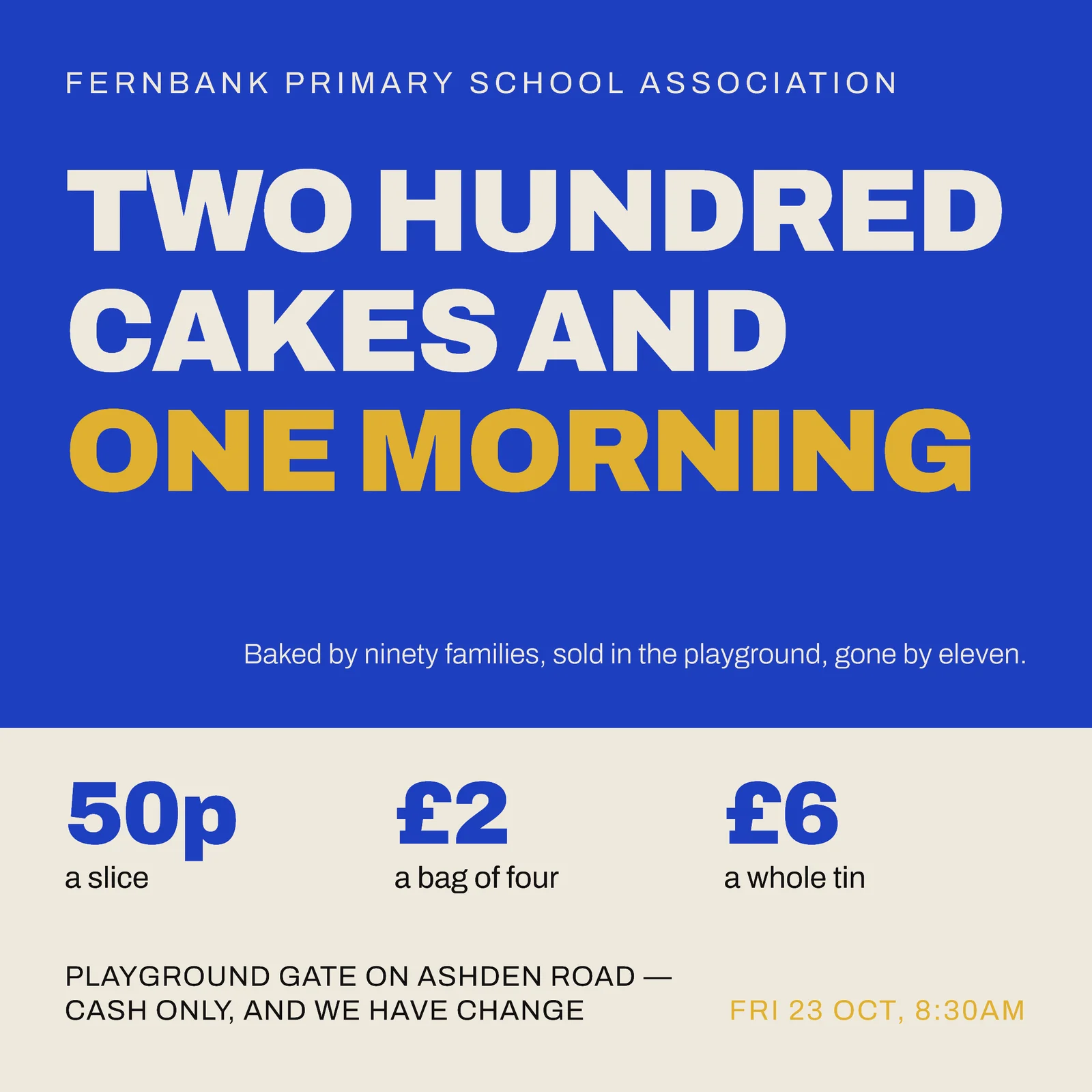 Cobalt Bone Hard Field Flip Primary School Association Bake Sale Facebook Ad — 1:1 Facebook ad template