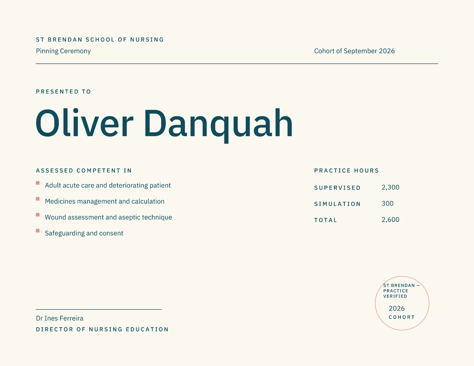 Teal Roll of Honour Nursing Pinning Certificate — Letter landscape Certificate template