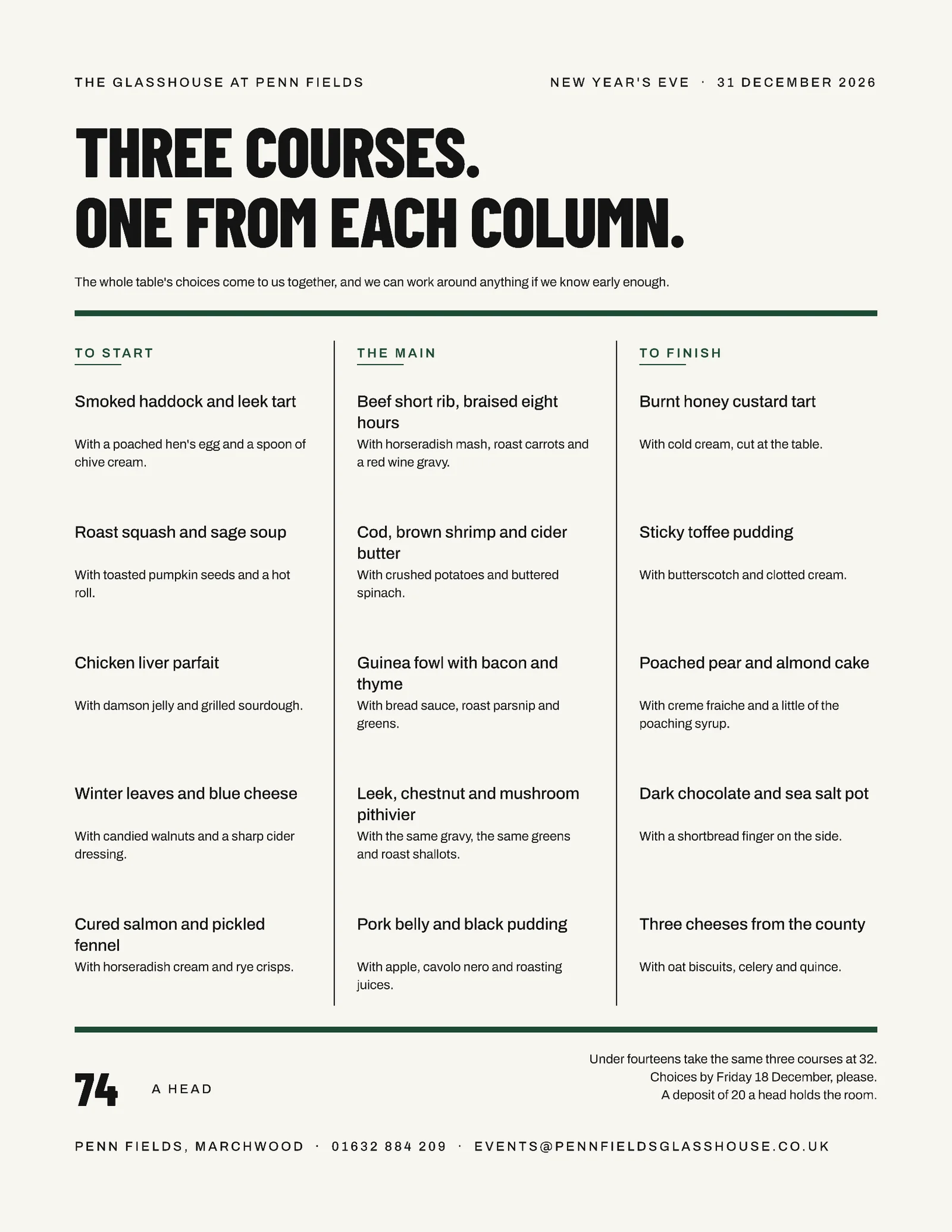 Forest Choice Columns Private Dining New Year Menu — Letter Menu template