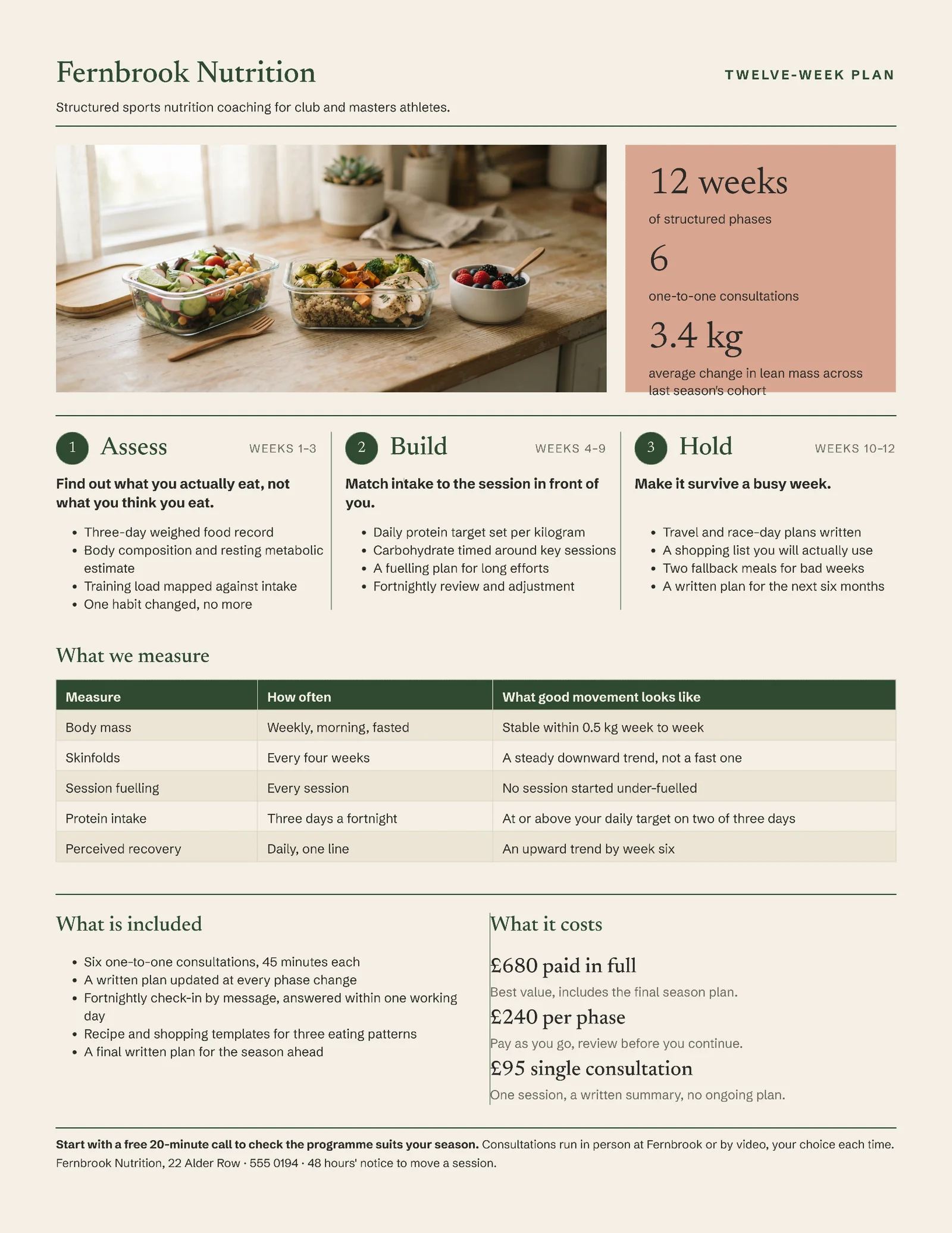 Moss Cream Phase Plan Sports Nutrition Coaching One Pager — 2-page One pager template, page 1 of 2