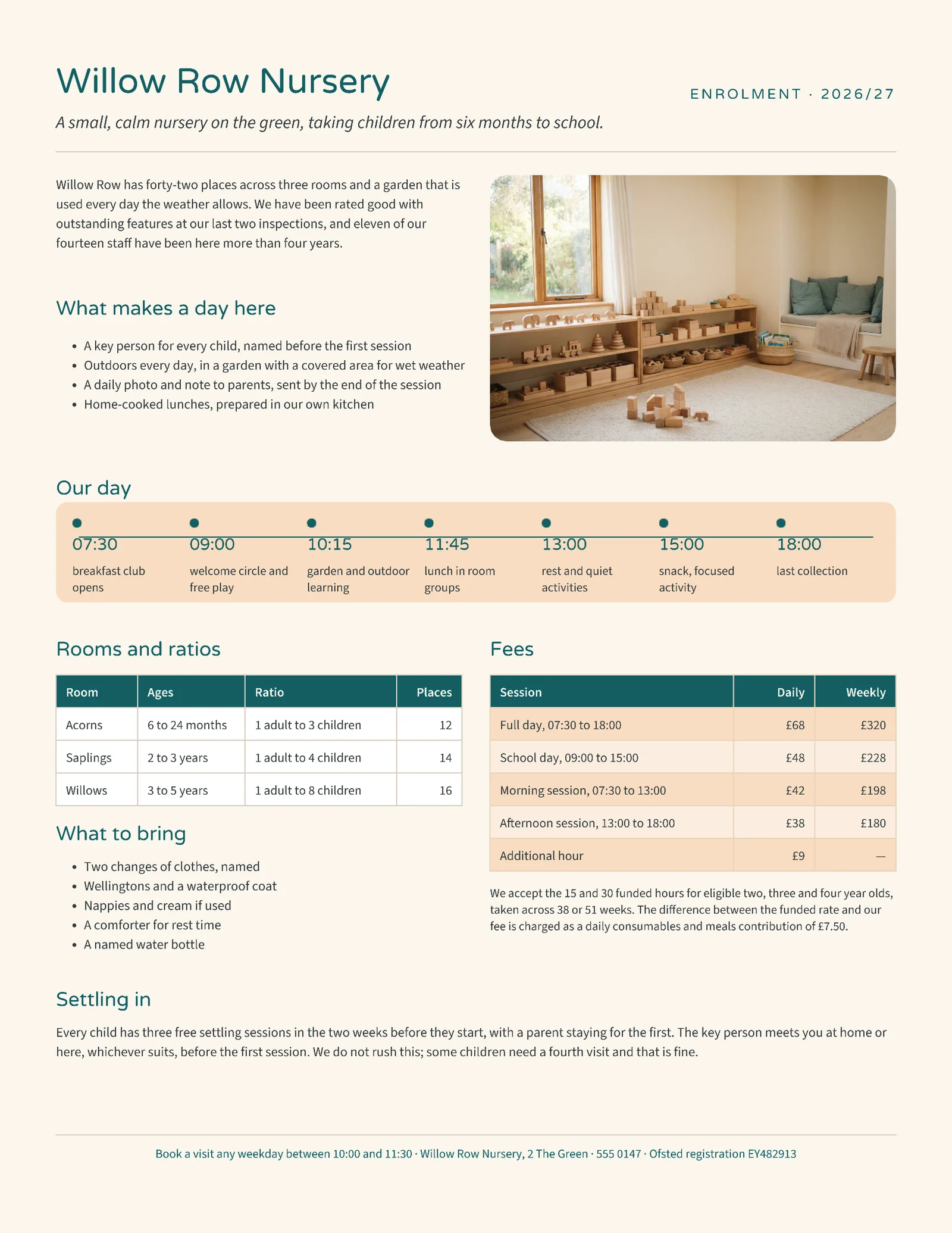 Apricot Teal Warm Schedule Preschool Enrolment One-Pager — 2-page One pager template, page 1 of 2