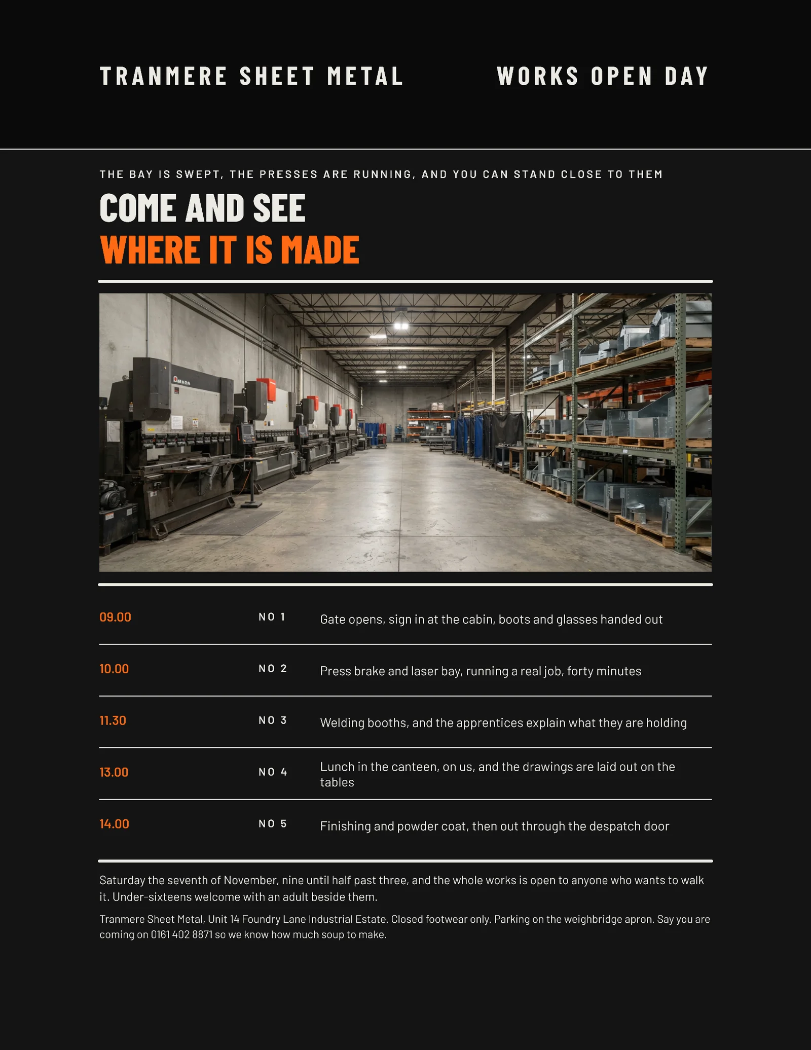 Near-Black Orange Works Notice Sheet Metal Open Day Invitation — Letter Invitation template