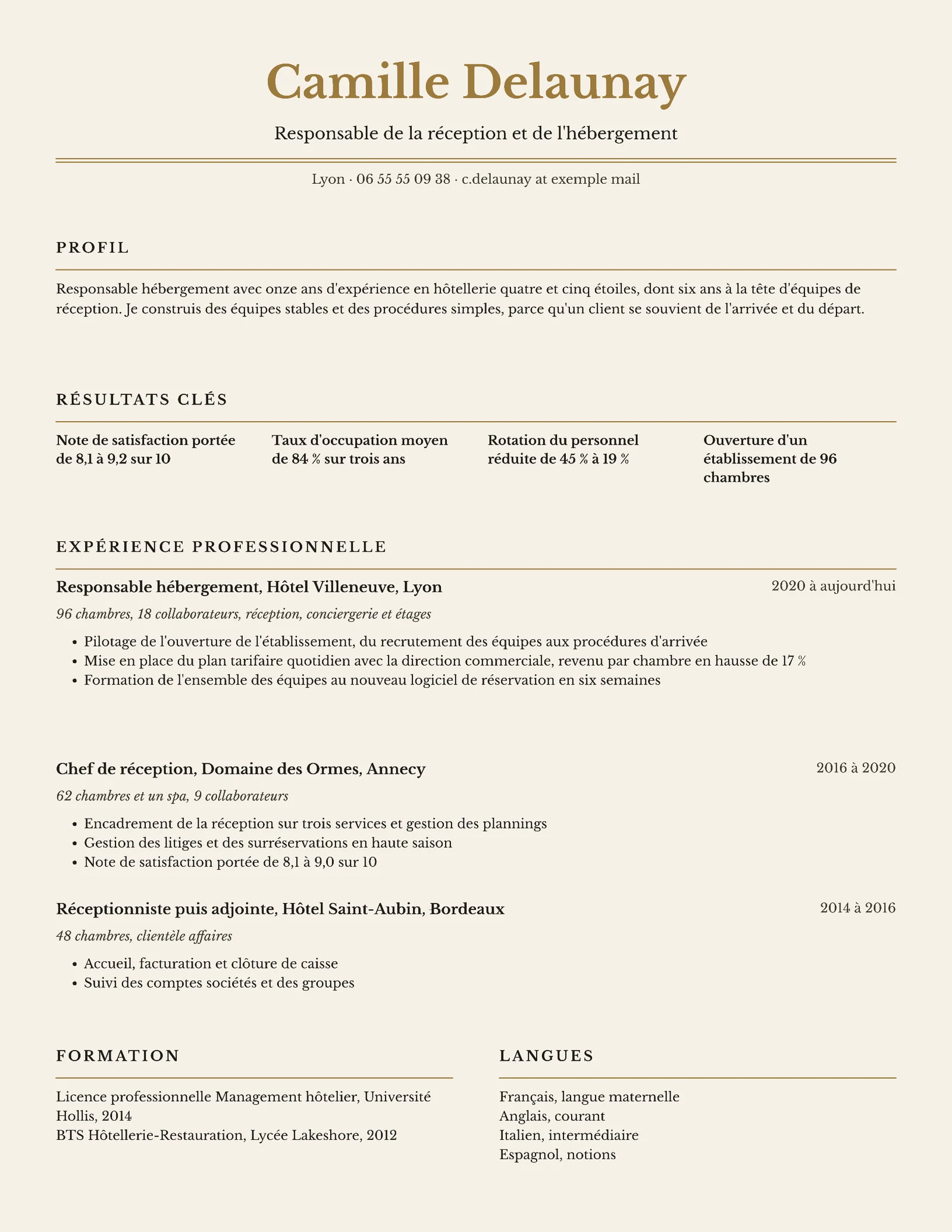 Bronze Professional Hotel Front Of House Manager Resume — Letter Resume template