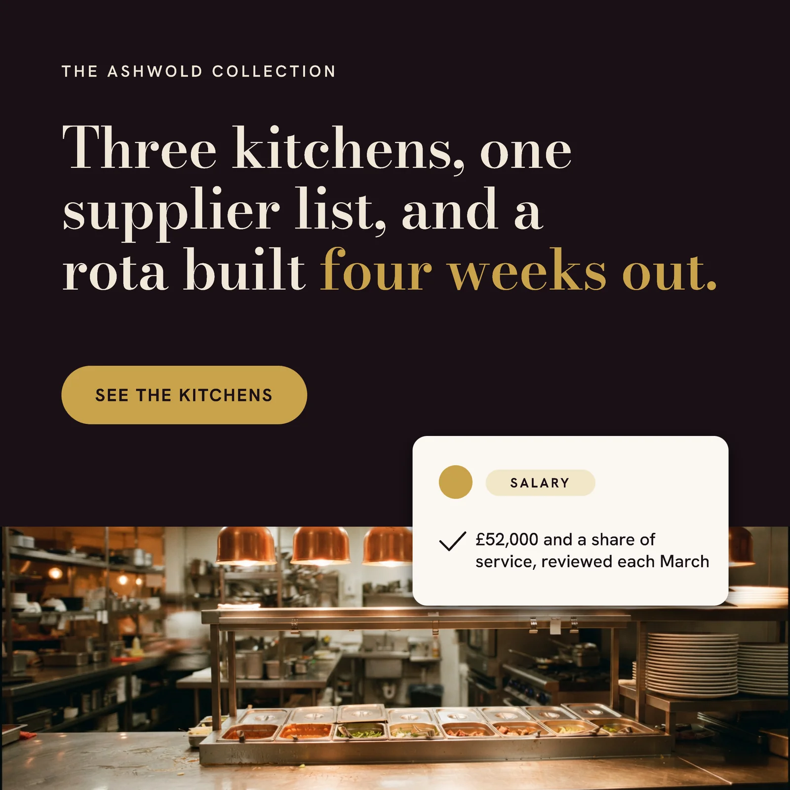 Hotel group hiring ad — card floating on the panel join — 1:1 LinkedIn ad template