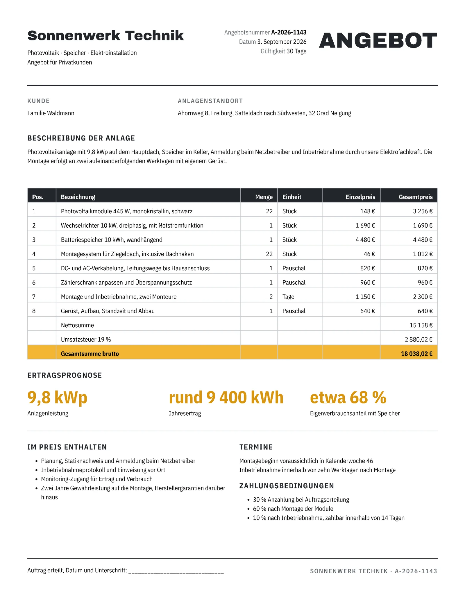 Amber Technical Solar Installation Quote — Letter Quote template