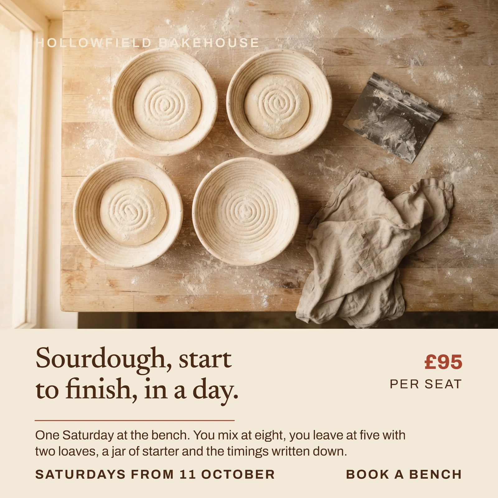 Cream Band Bench Photo Bakery Sourdough Workshop Instagram Ad — 1:1 Instagram ad template