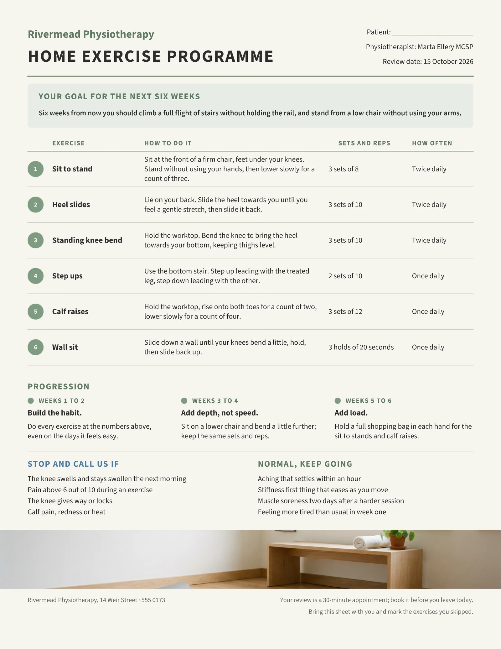 Sage Blue Exercise Plan Physiotherapy Home Programme One Pager — 2-page One pager template, page 1 of 2