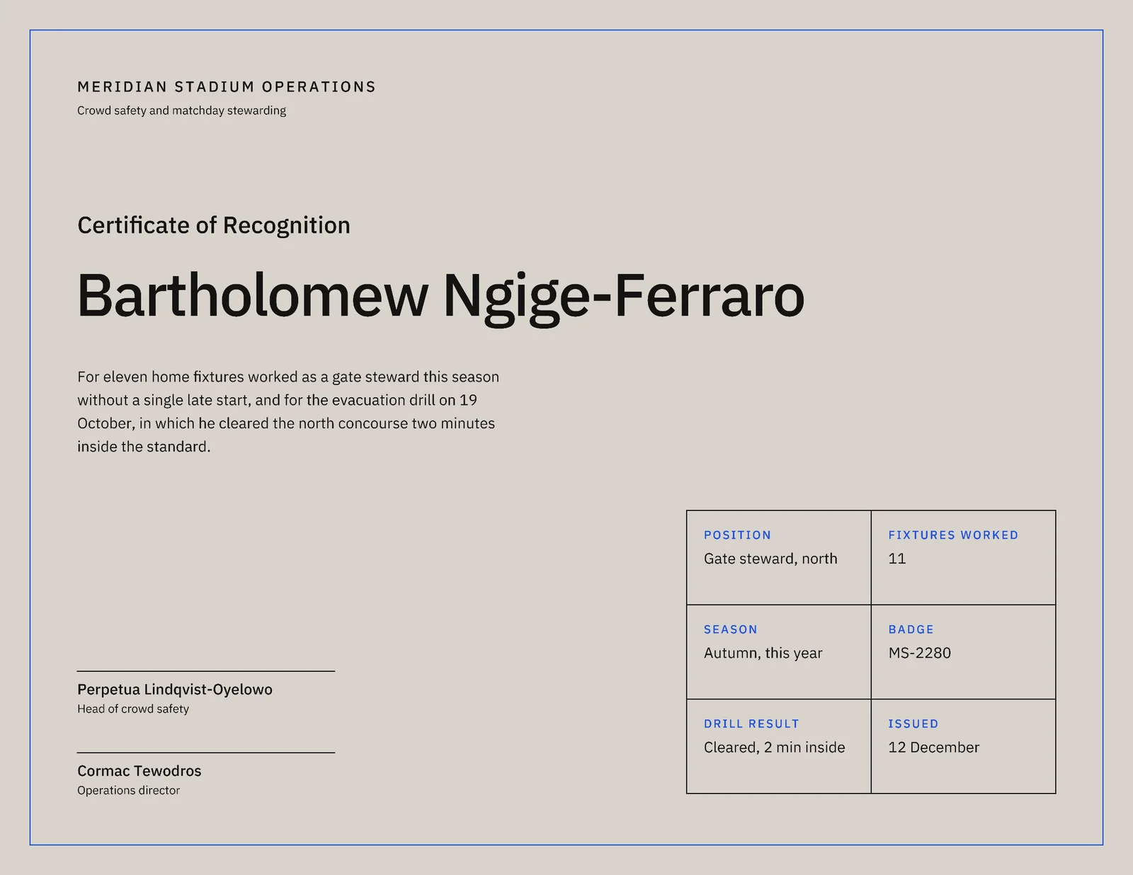 Grey Signal Blue Stamped Docket Stadium Stewarding Certificate — Letter landscape Certificate template