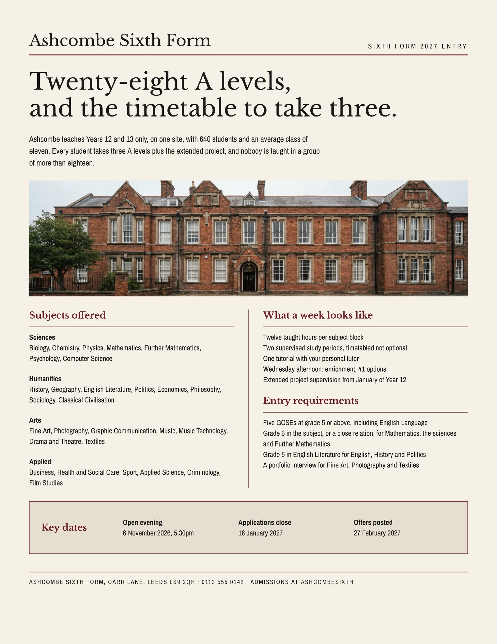 Oxblood Prospectus Masthead Sixth Form Subject Choices One-Pager — Letter One pager template