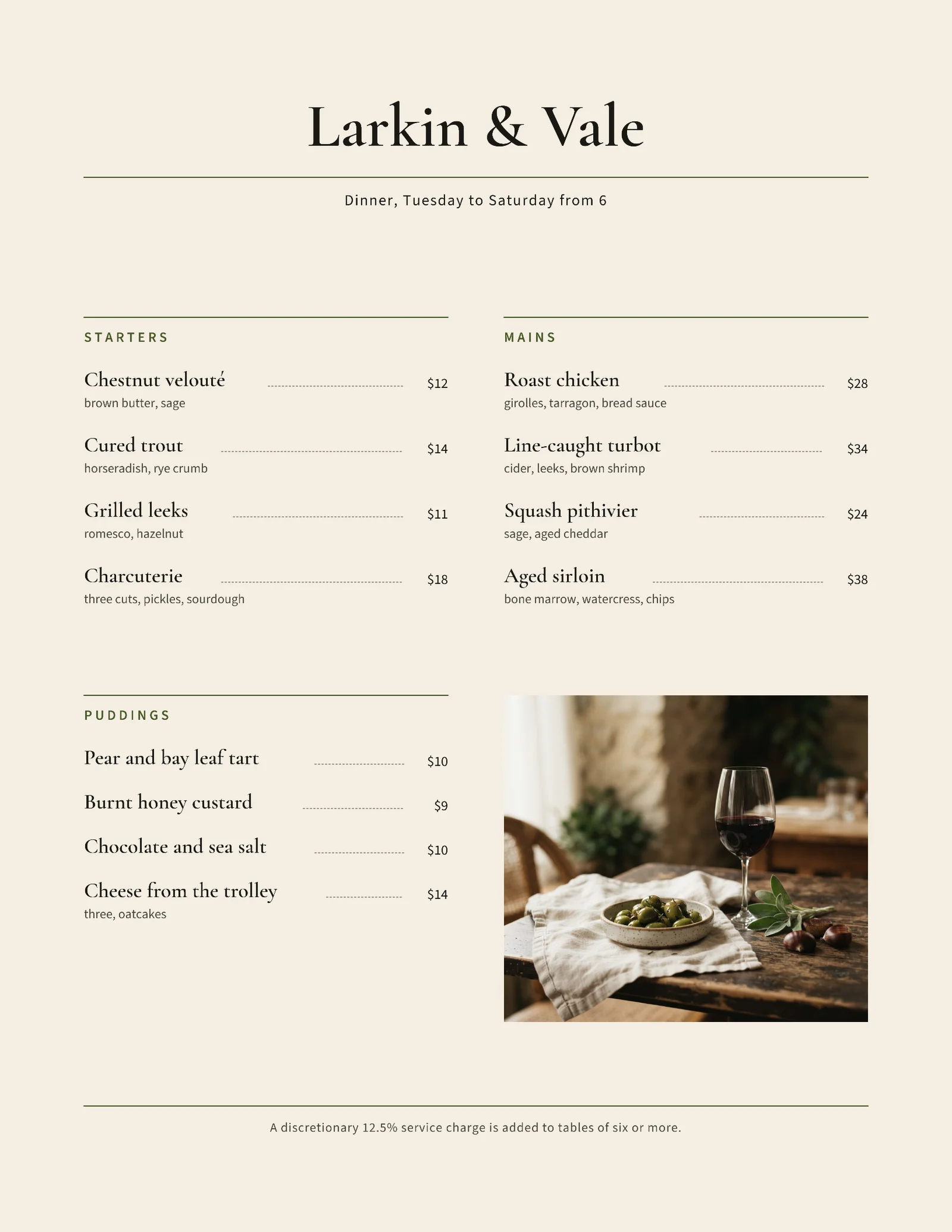Two-Column Bistro Dinner Menu — Letter Menu template