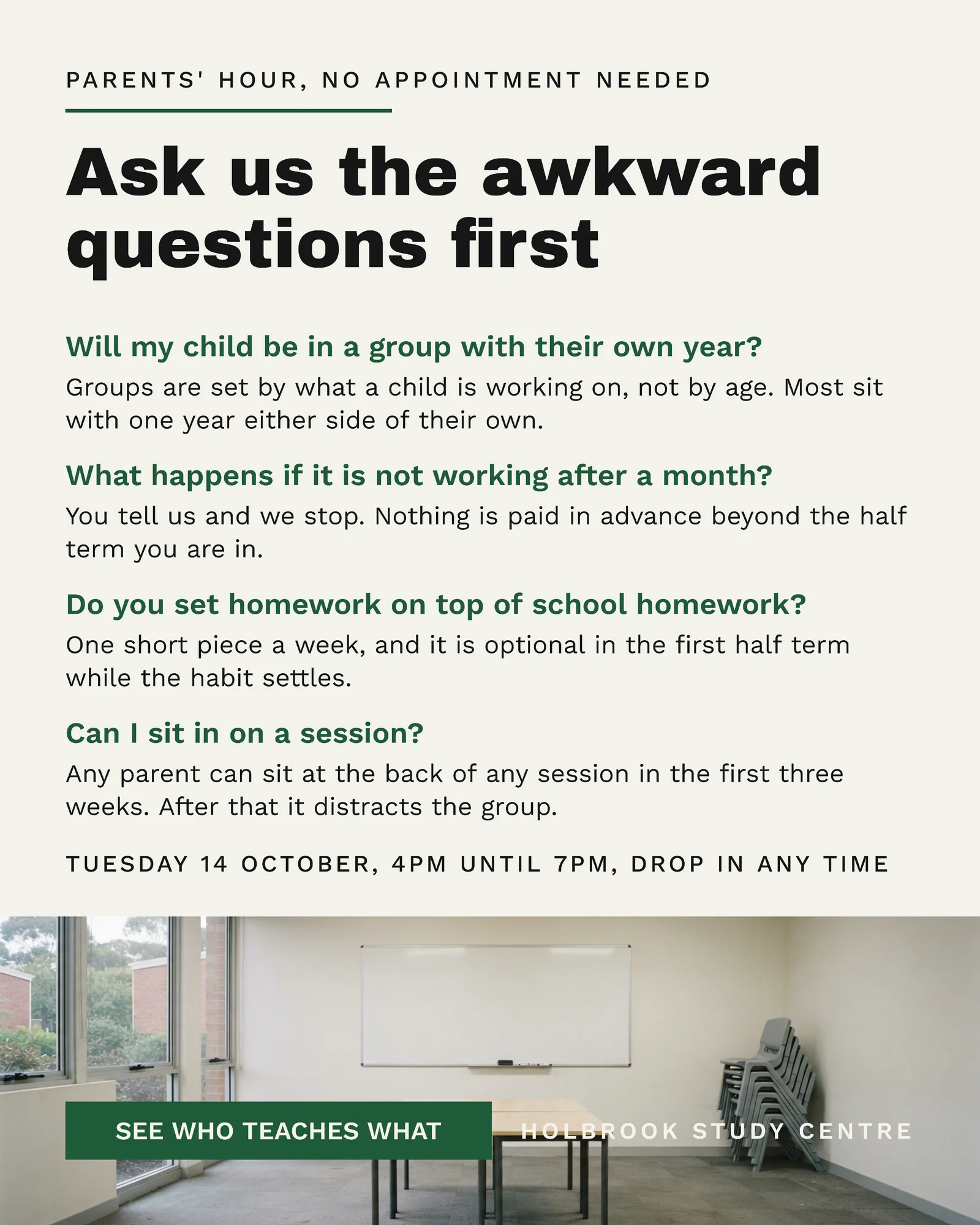 Offwhite Forest Question Rows Study Centre Parents Hour Facebook Ad — 4:5 Facebook ad template