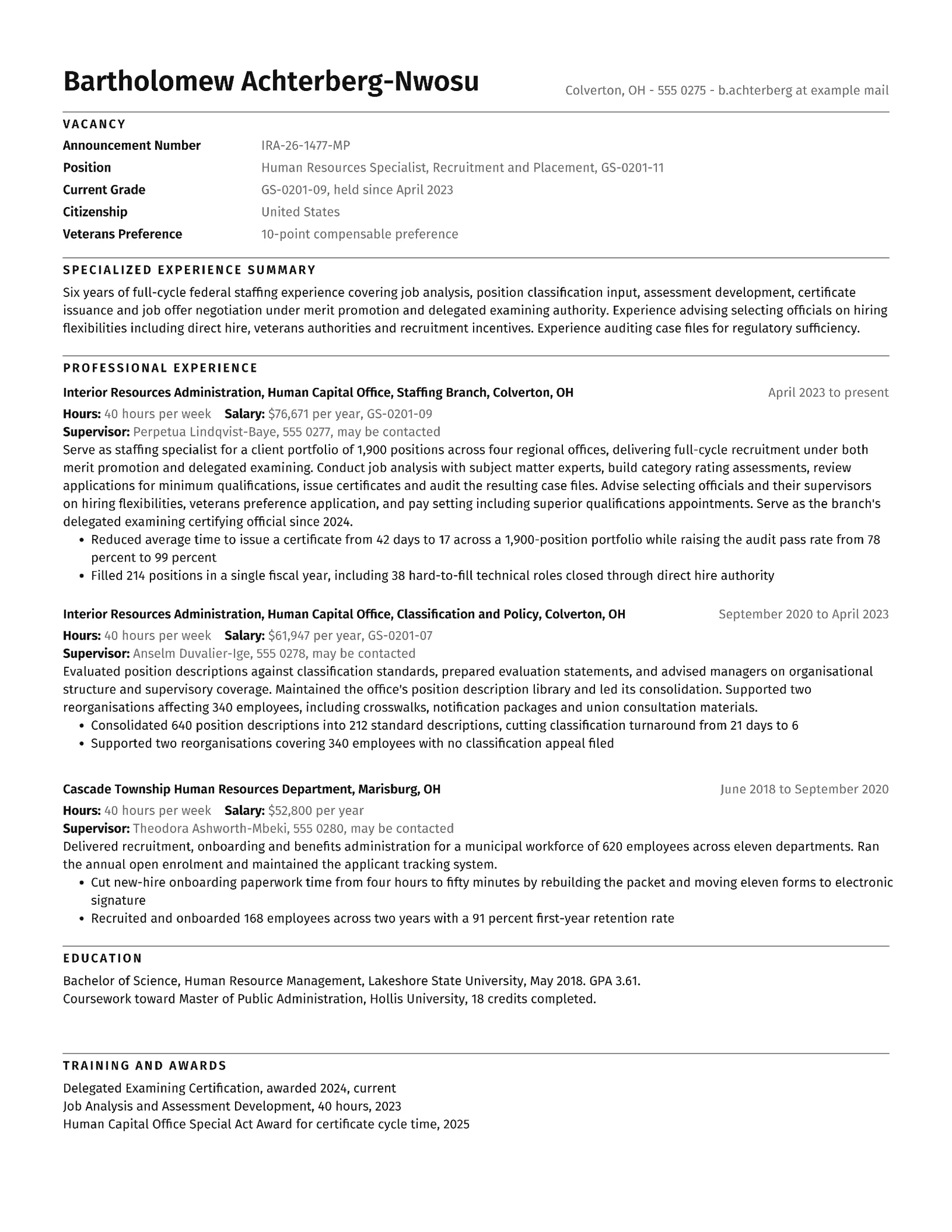 Federal HR Specialist Resume — Letter Resume template
