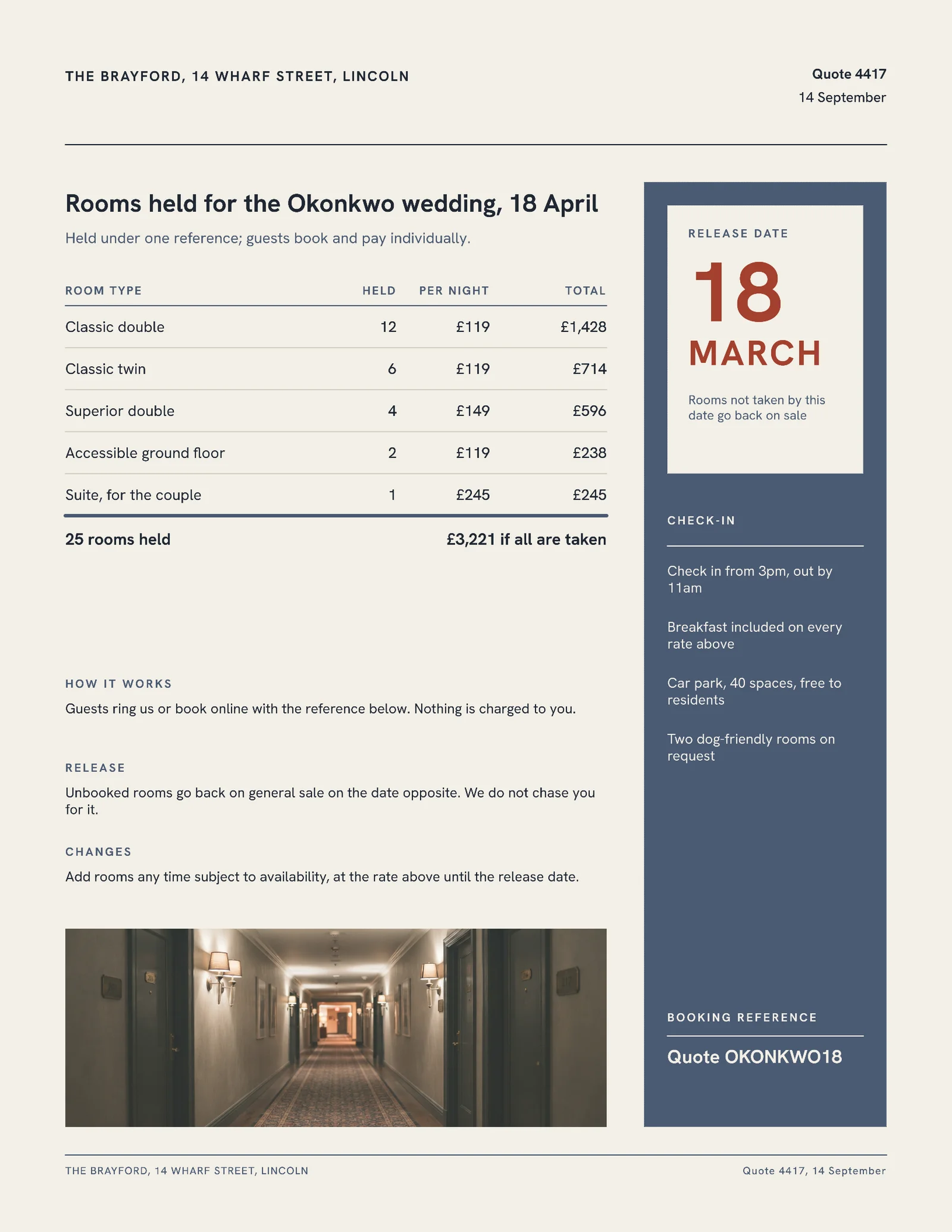 Wedding Room Block Allocation Hotel Quote — Letter Quote template