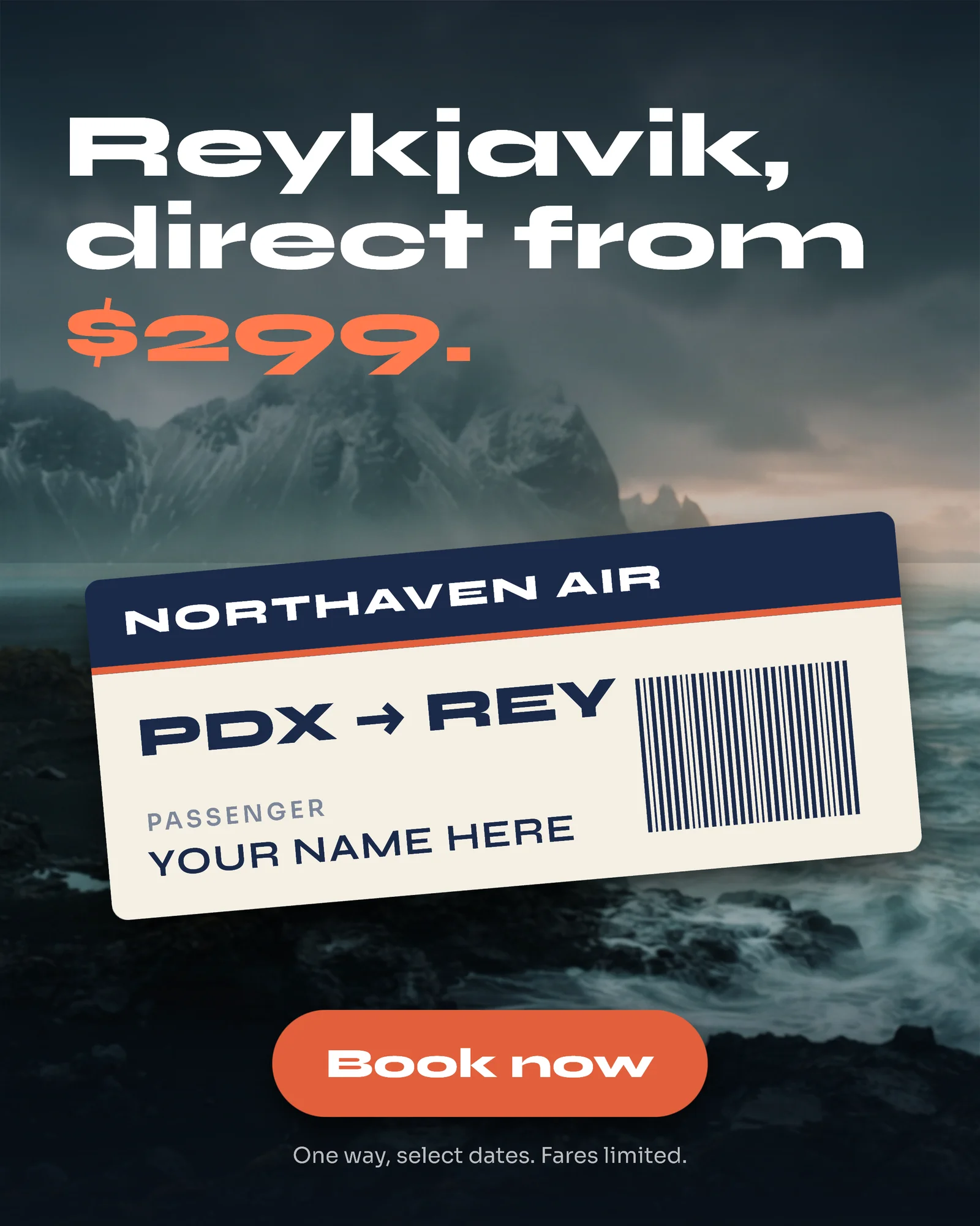 Boarding pass route launch ad — 4:5 Instagram ad template