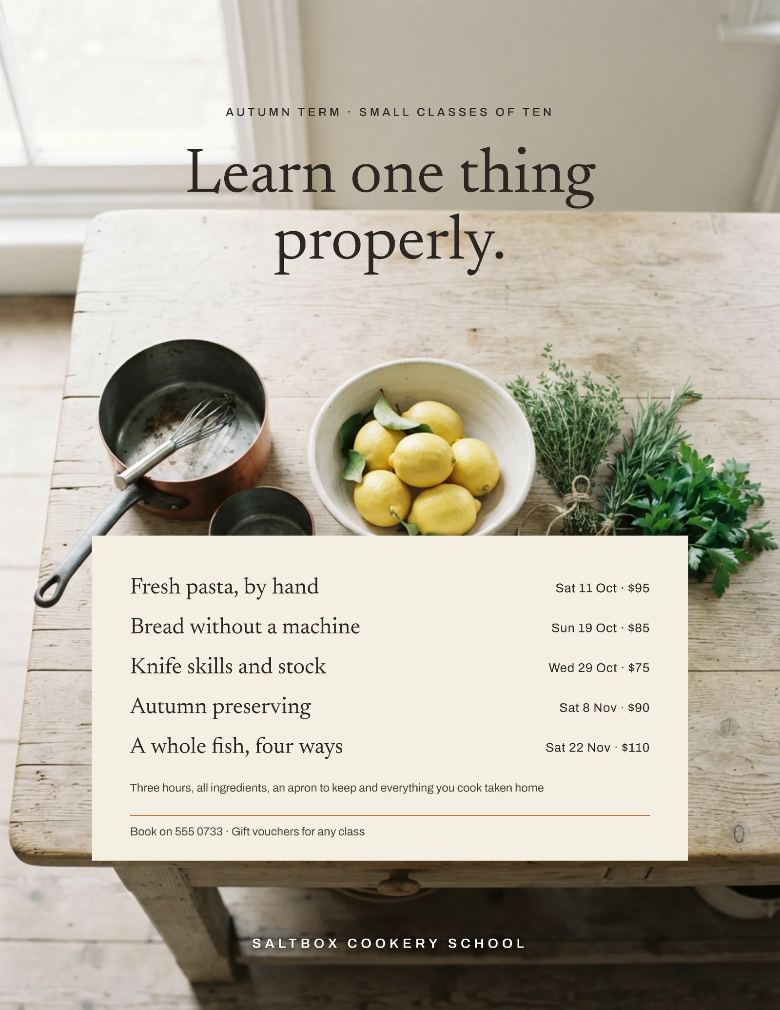 Copper Full Bleed Cookery School Classes Flyer — Letter Flyer template