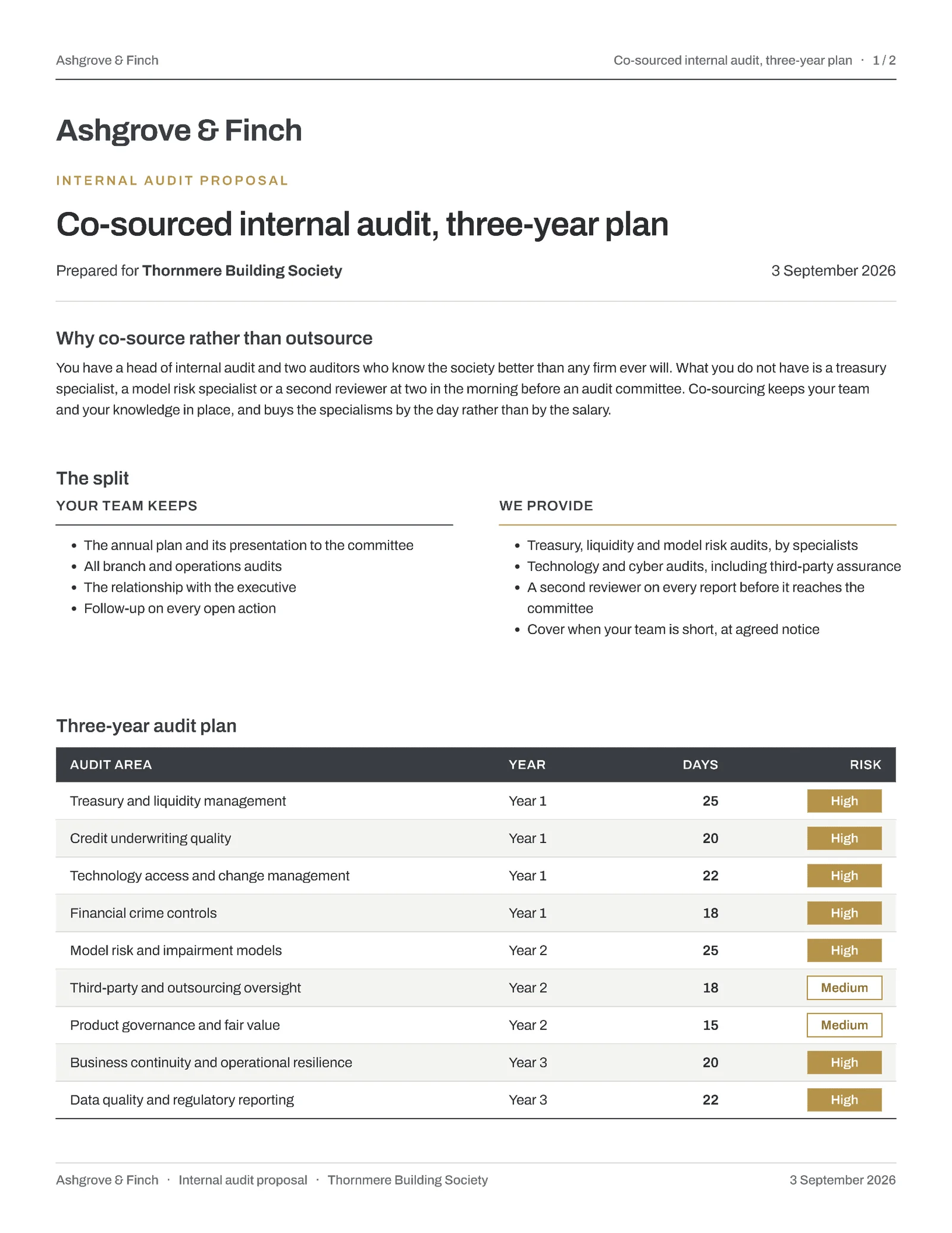 Graphite Gold Cosource Plan Internal Audit Proposal — 2-page Proposal template, page 1 of 2