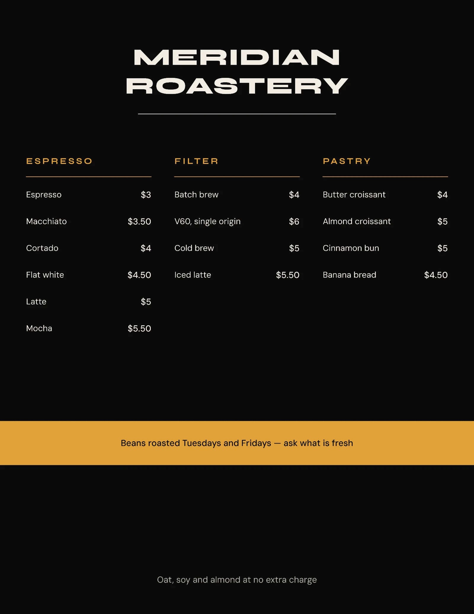 Board Coffee Roastery Menu — Letter Menu template